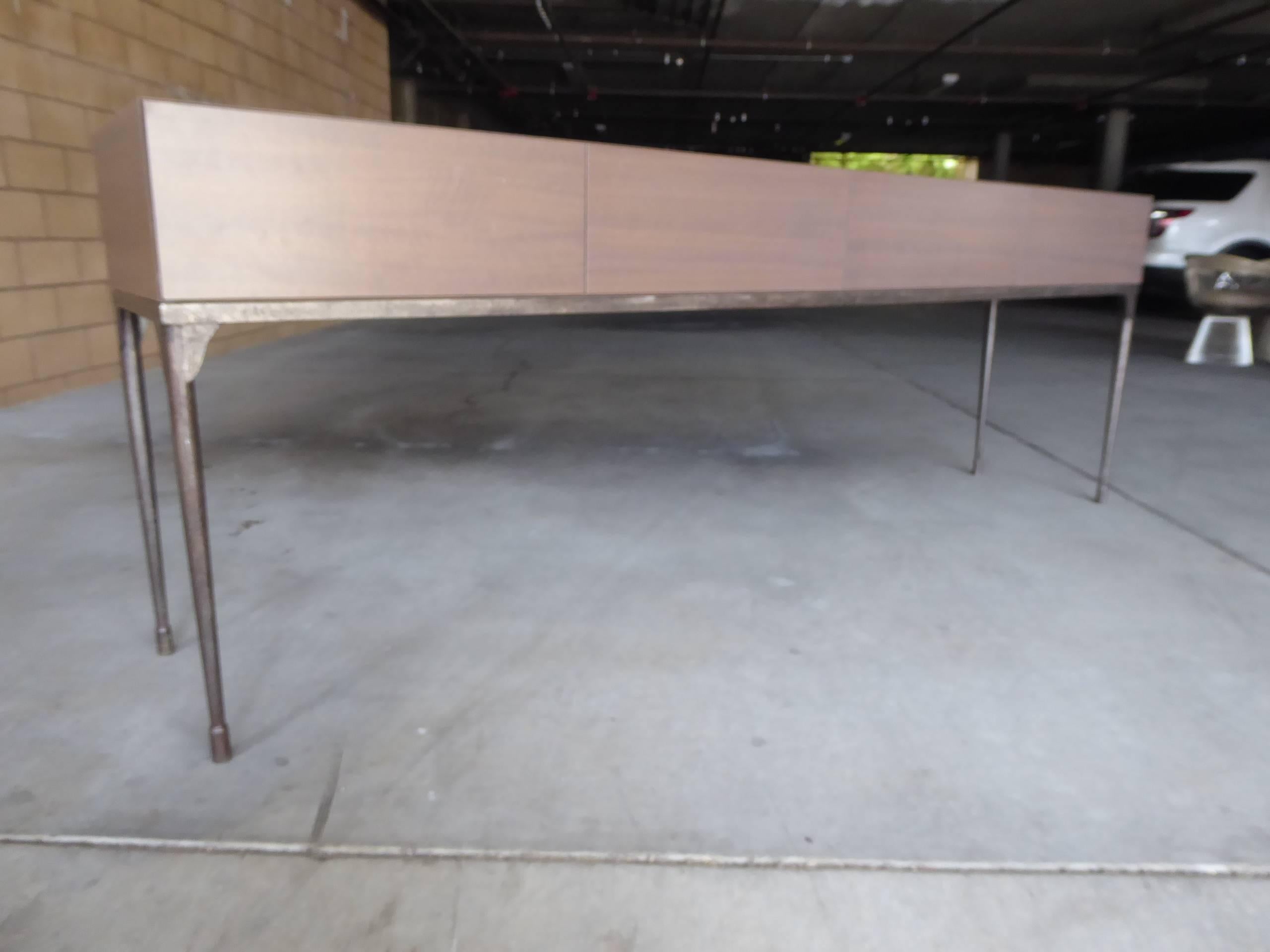 Modern Custom-Made Stained Walnut Four-Drawer Console Table with an Iron Base For Sale