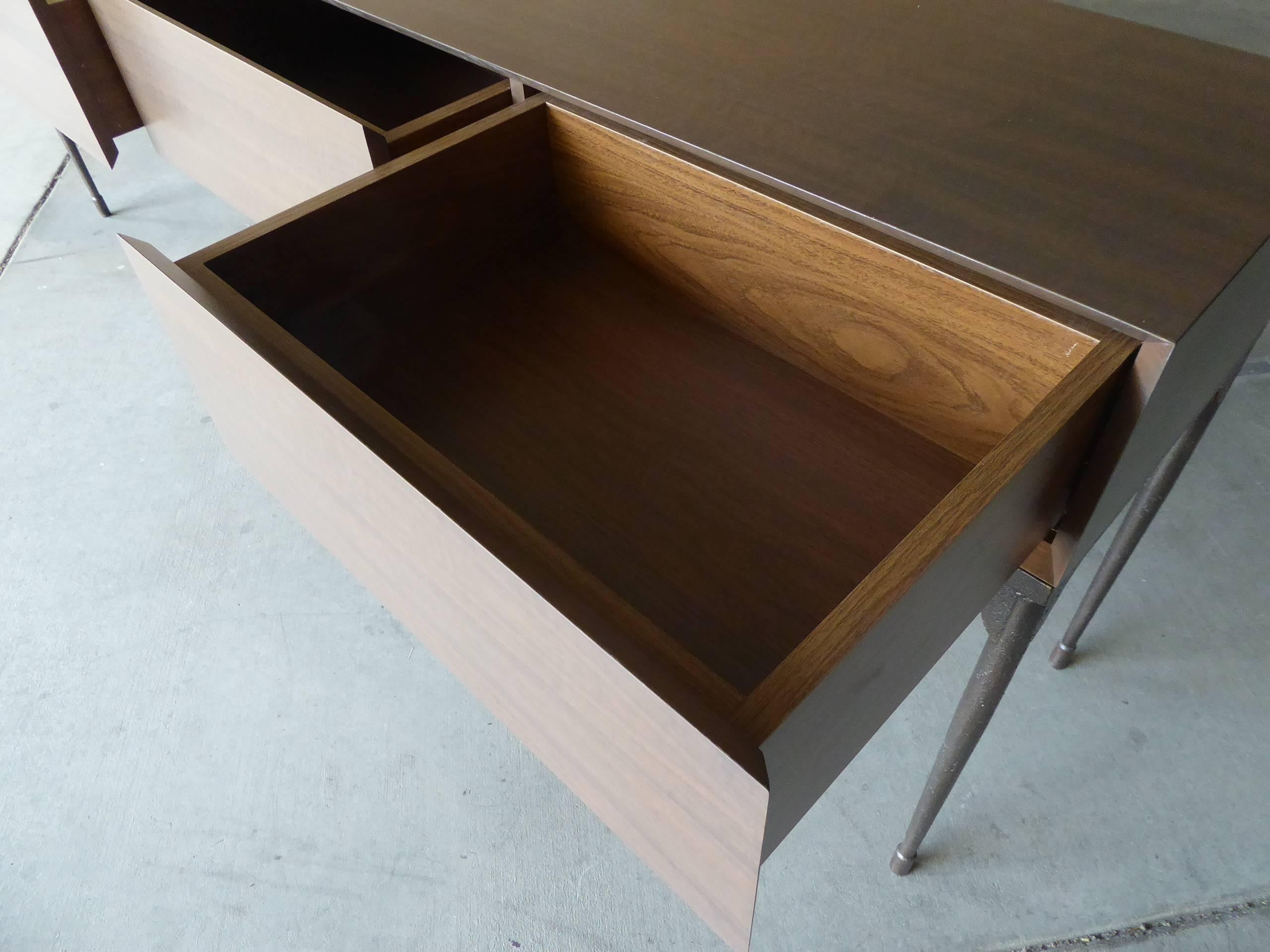 Contemporary Custom-Made Stained Walnut Four-Drawer Console Table with an Iron Base For Sale