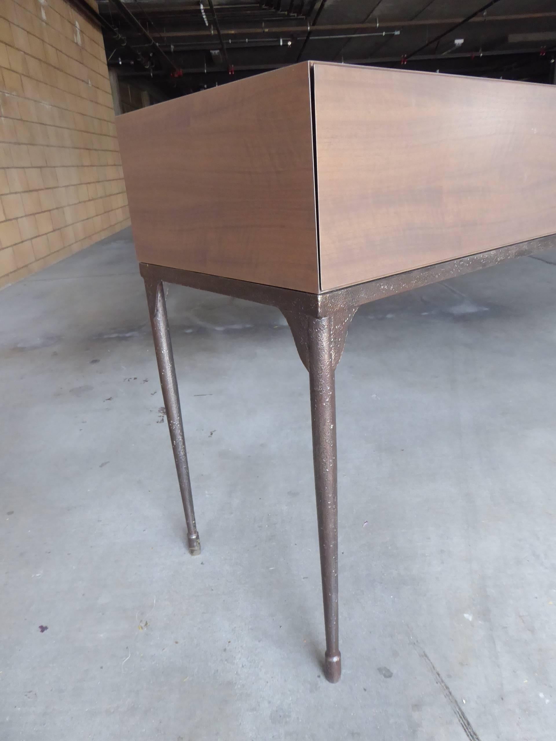 Patinated Custom-Made Stained Walnut Four-Drawer Console Table with an Iron Base For Sale