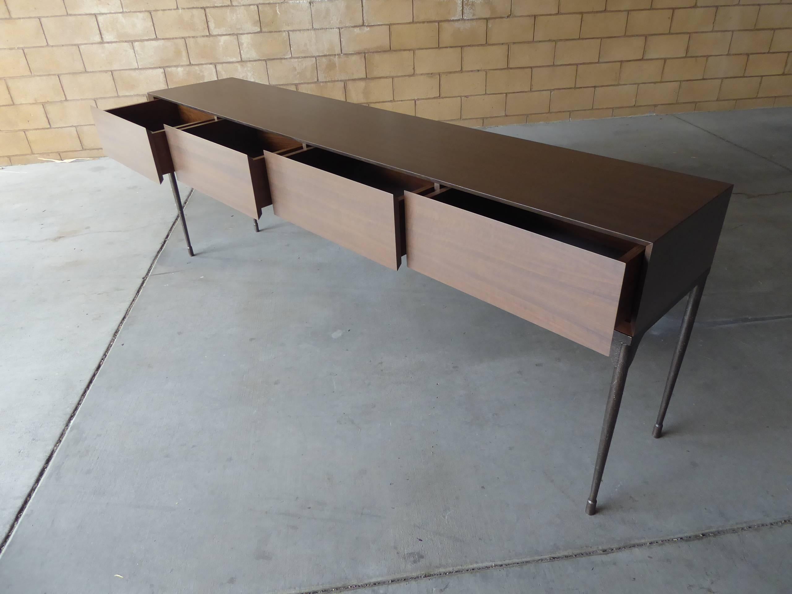Custom-Made Stained Walnut Four-Drawer Console Table with an Iron Base In Excellent Condition For Sale In Palm Springs, CA