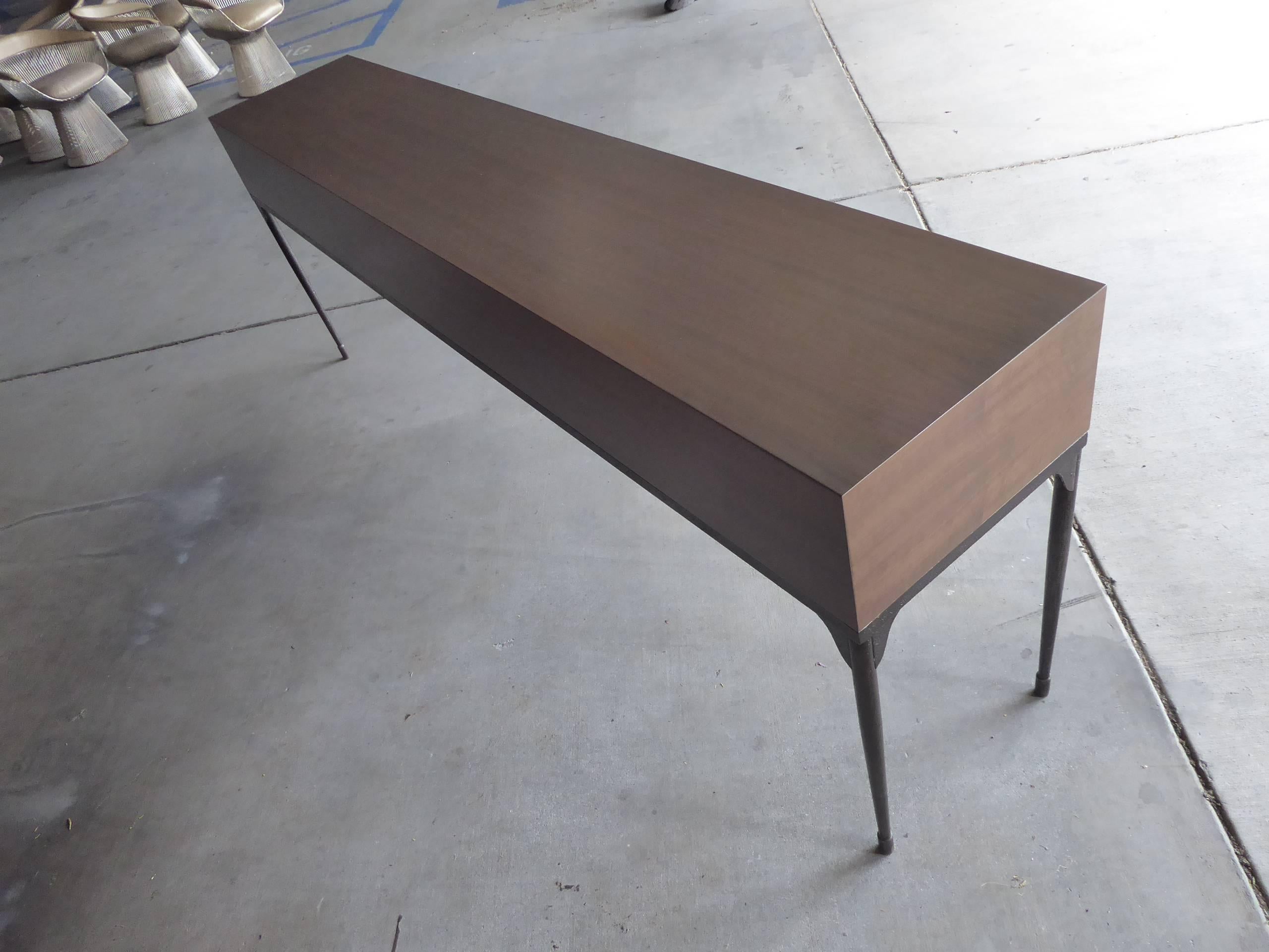 American Custom-Made Stained Walnut Four-Drawer Console Table with an Iron Base For Sale