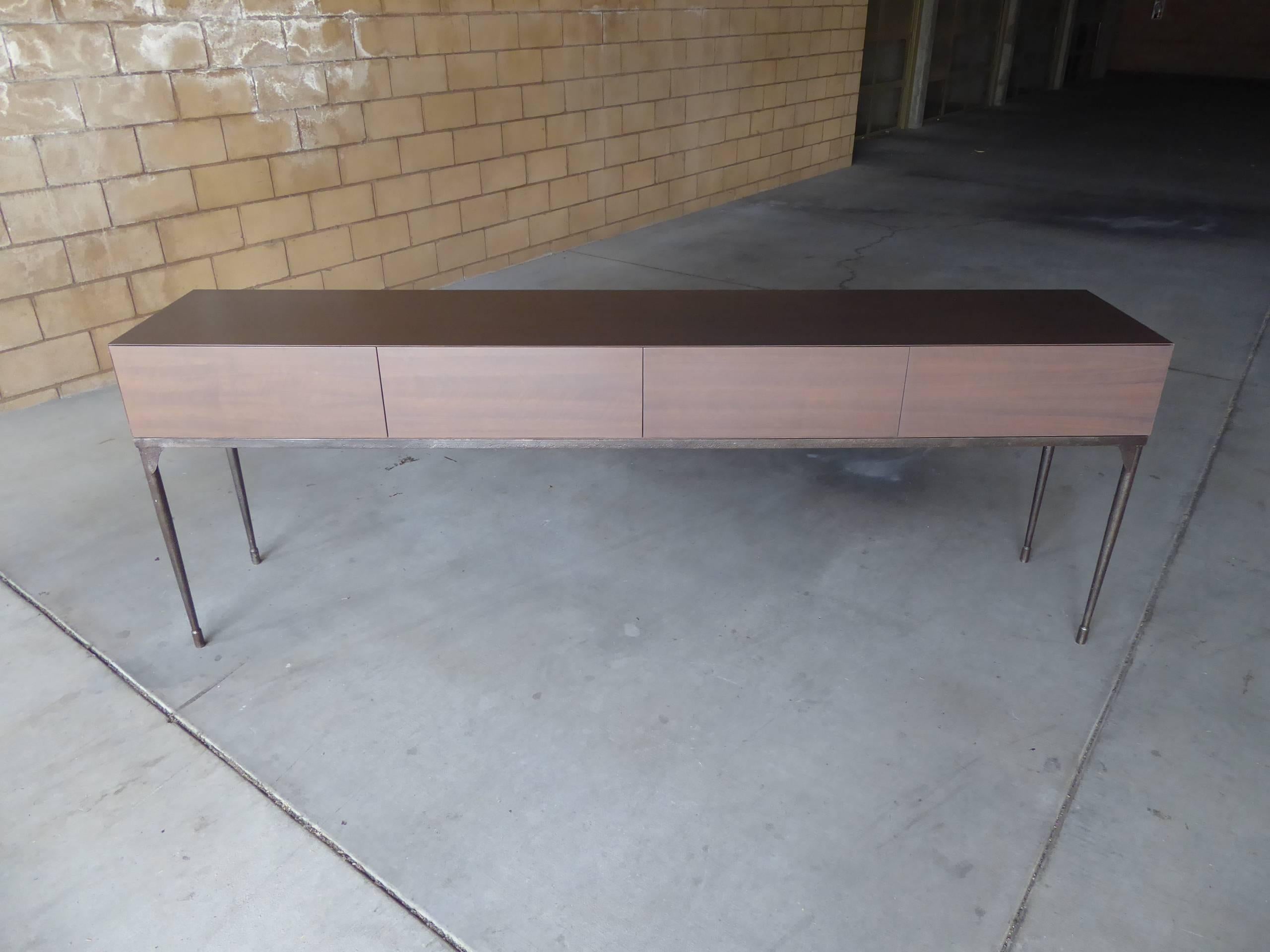 Custom-Made Stained Walnut Four-Drawer Console Table with an Iron Base For Sale 3