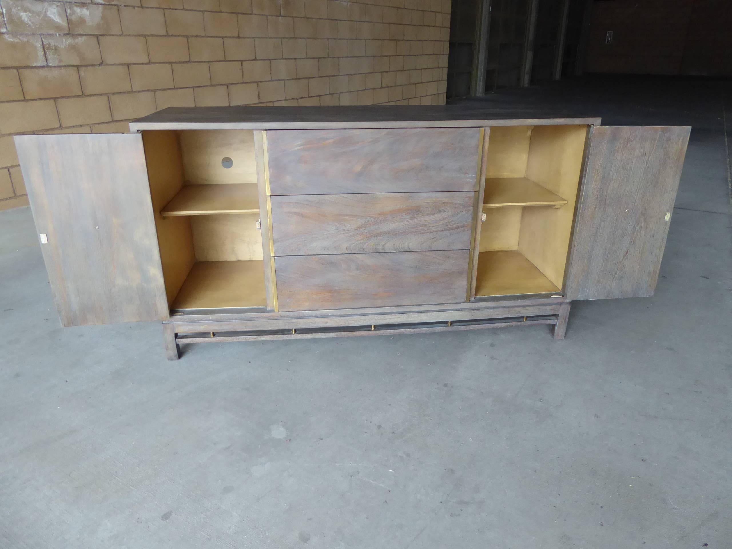 Brass Stained Walnut Credenza by American of Martinsville, circa 1960s For Sale