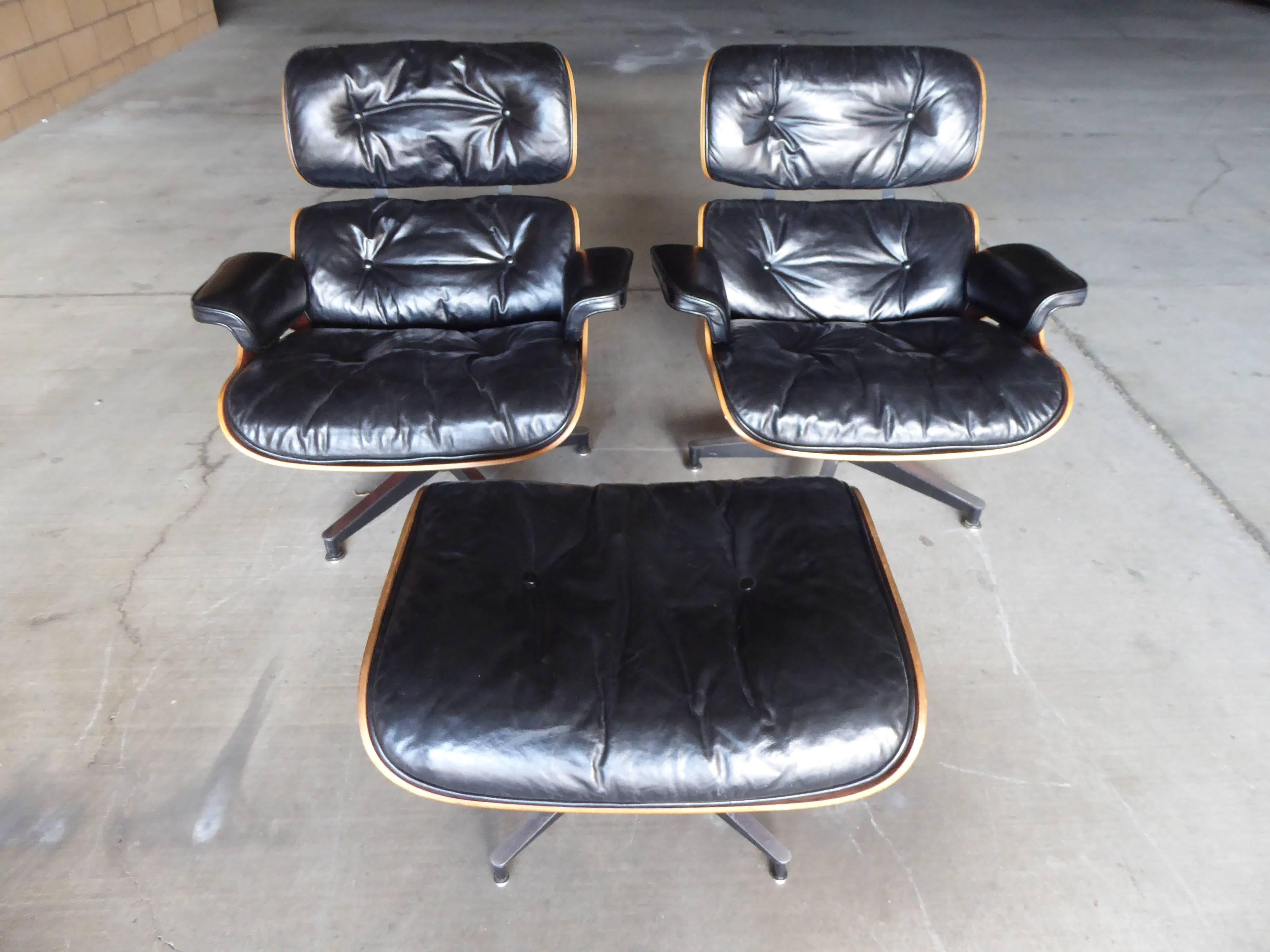 Mid-20th Century Pair of Lounge Chairs and Ottoman in Rosewood by Charles and Ray Eames C.1960