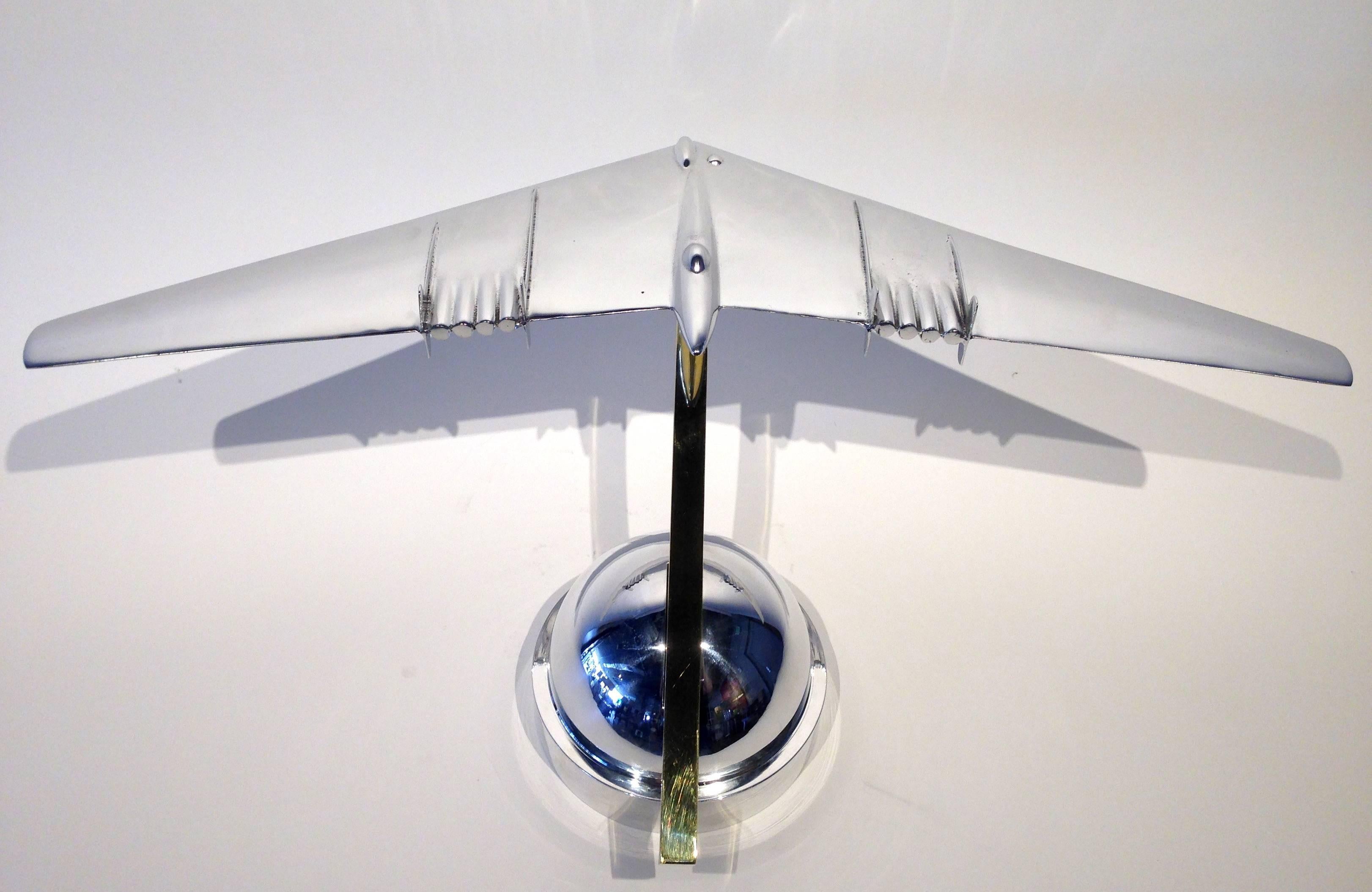 Art Deco YB-49 Flying Wing Chromed Steel and Brass Sculpture By Phil Miller C. 2015 For Sale