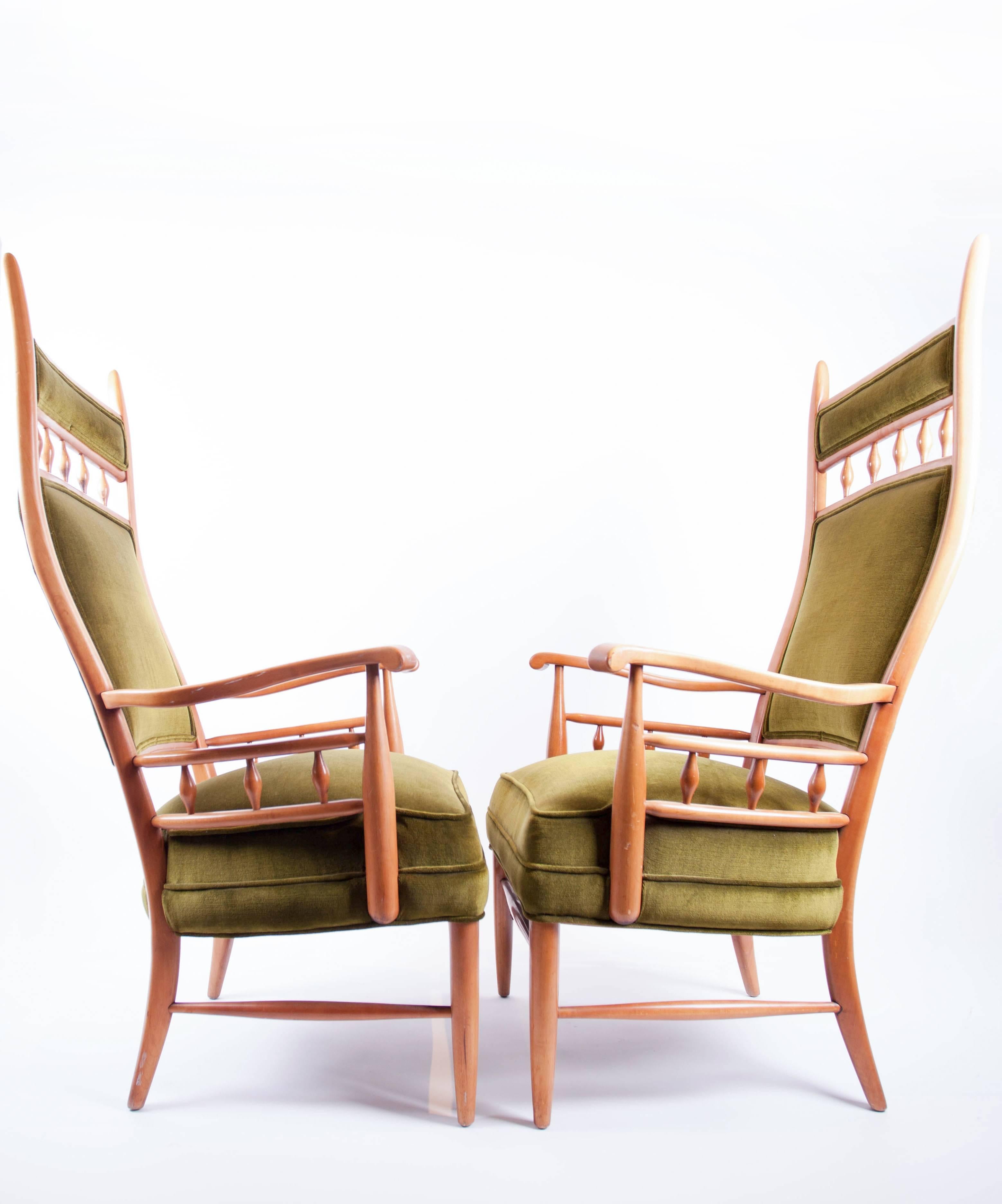 Mid-20th Century Pair of Tall Fruitwood Framed Armchairs by Maxwell Royal. C. 1950's. For Sale
