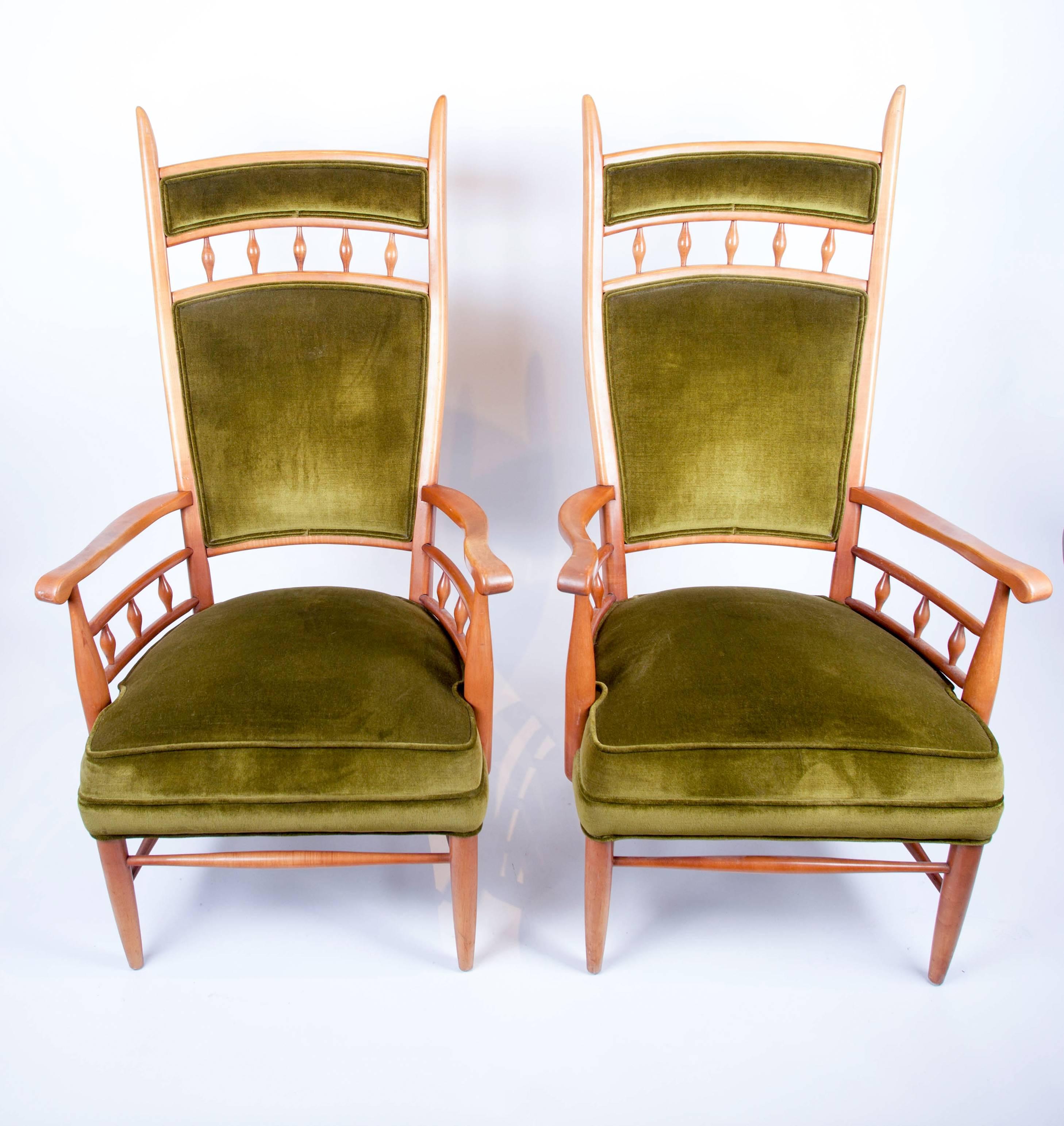 Fabric Pair of Tall Fruitwood Framed Armchairs by Maxwell Royal. C. 1950's. For Sale