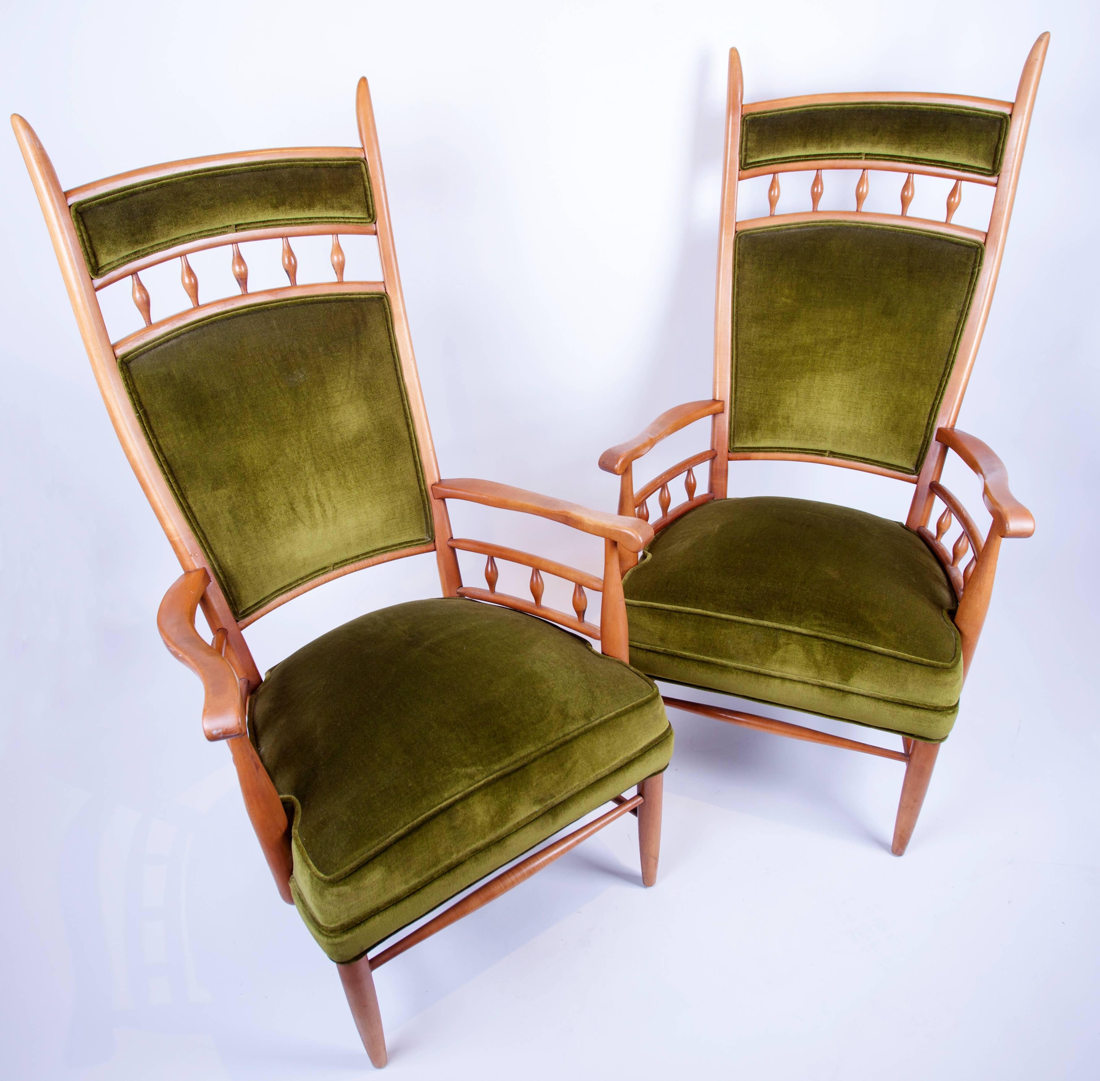 Pair of Tall Fruitwood Framed Armchairs by Maxwell Royal. C. 1950's. For Sale 1