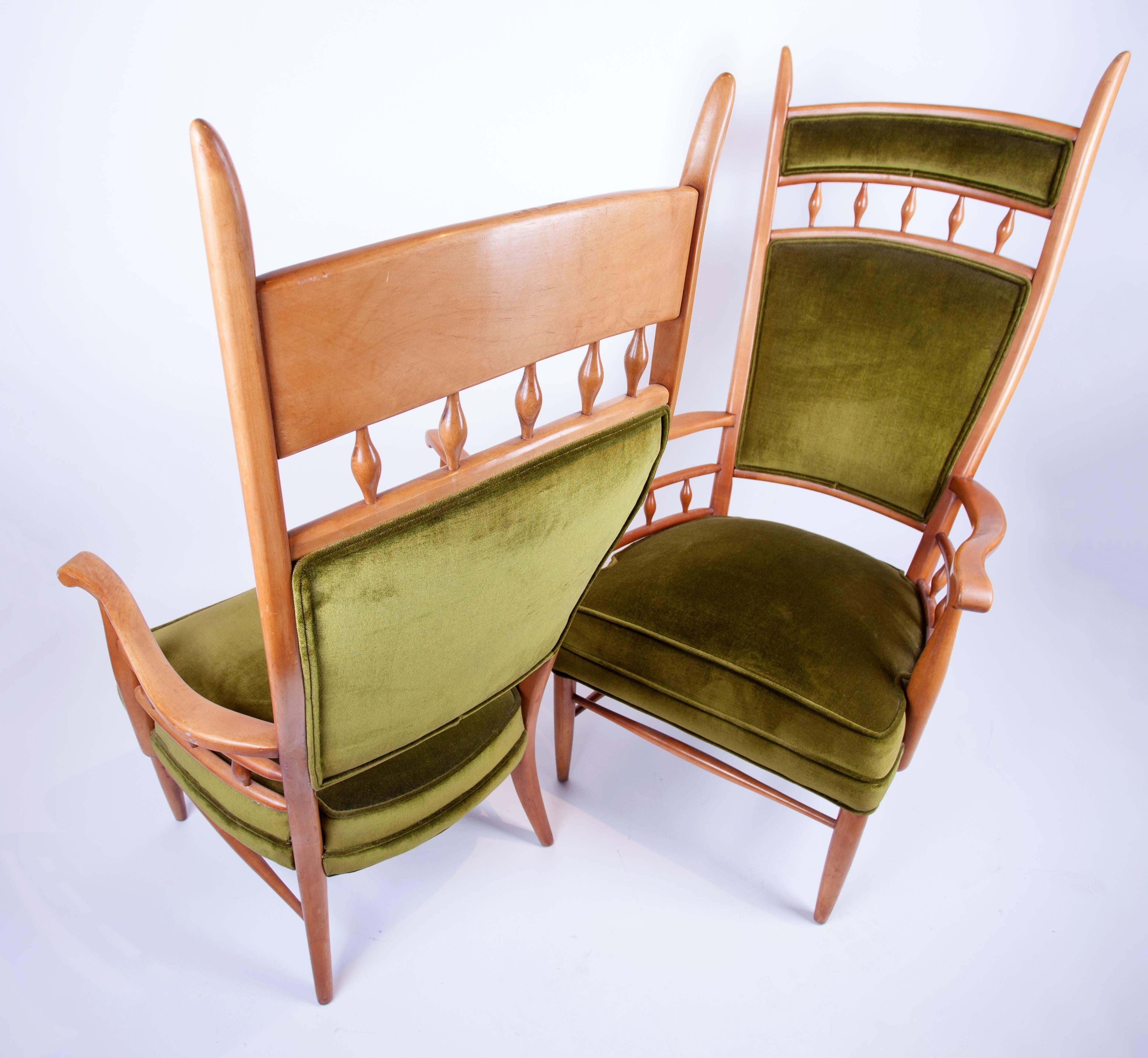 Pair of Tall Fruitwood Framed Armchairs by Maxwell Royal. C. 1950's. In Excellent Condition For Sale In Palm Springs, CA