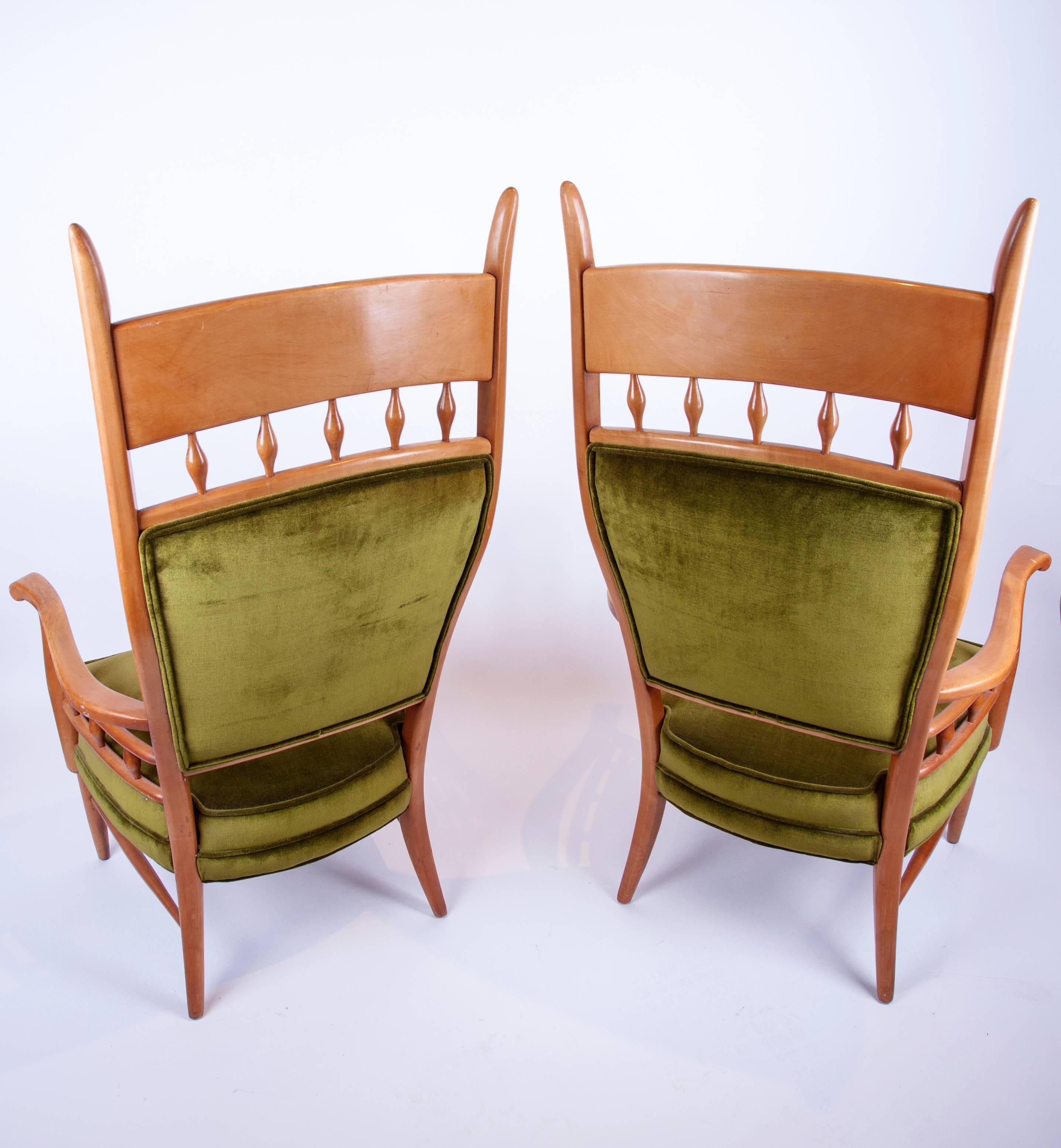 Mid-Century Modern Pair of Tall Fruitwood Framed Armchairs by Maxwell Royal. C. 1950's. For Sale