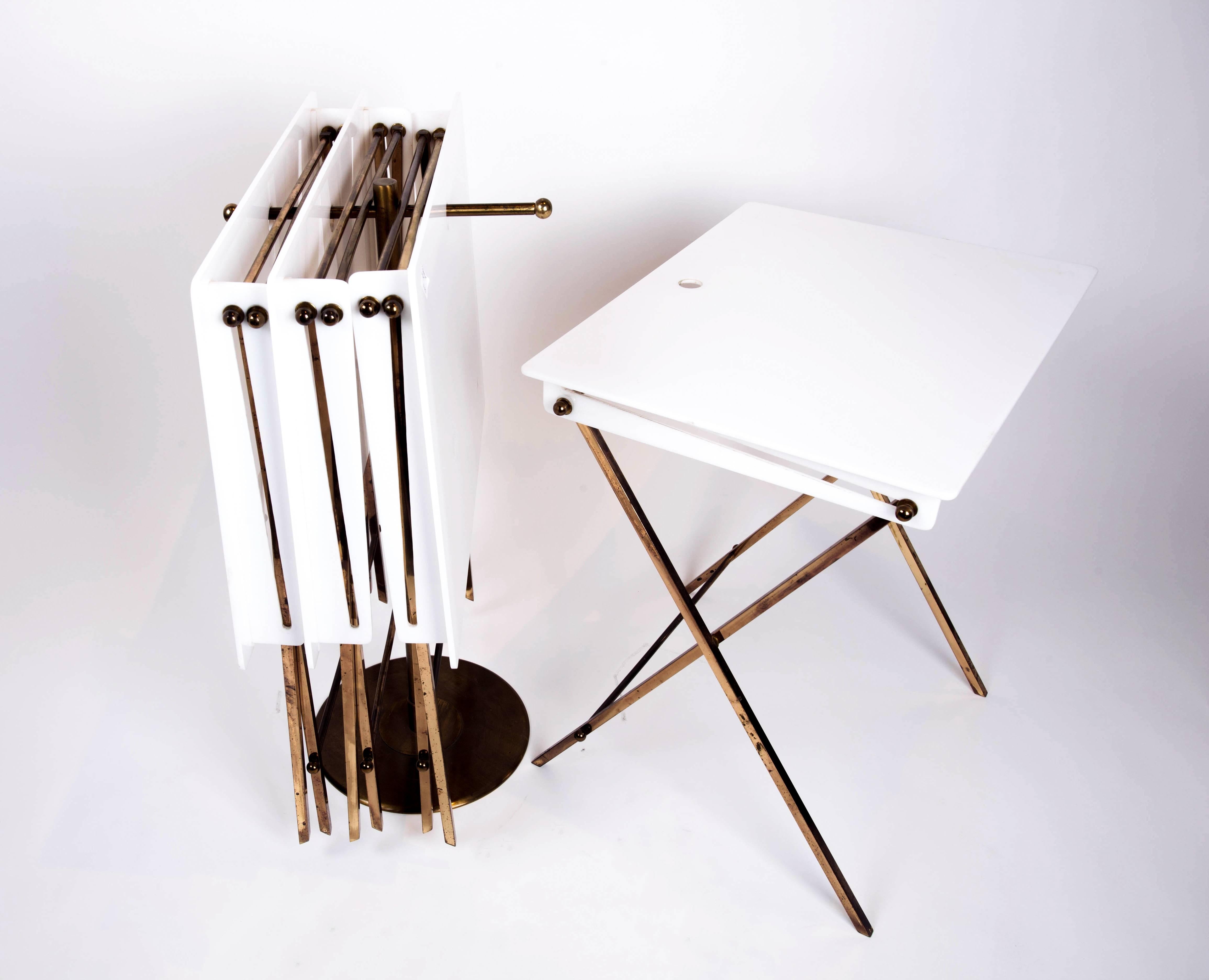 Set of 4 Brass & White Lucite Television Tables on Stand by Charles Hollis Jones In Good Condition In Palm Springs, CA