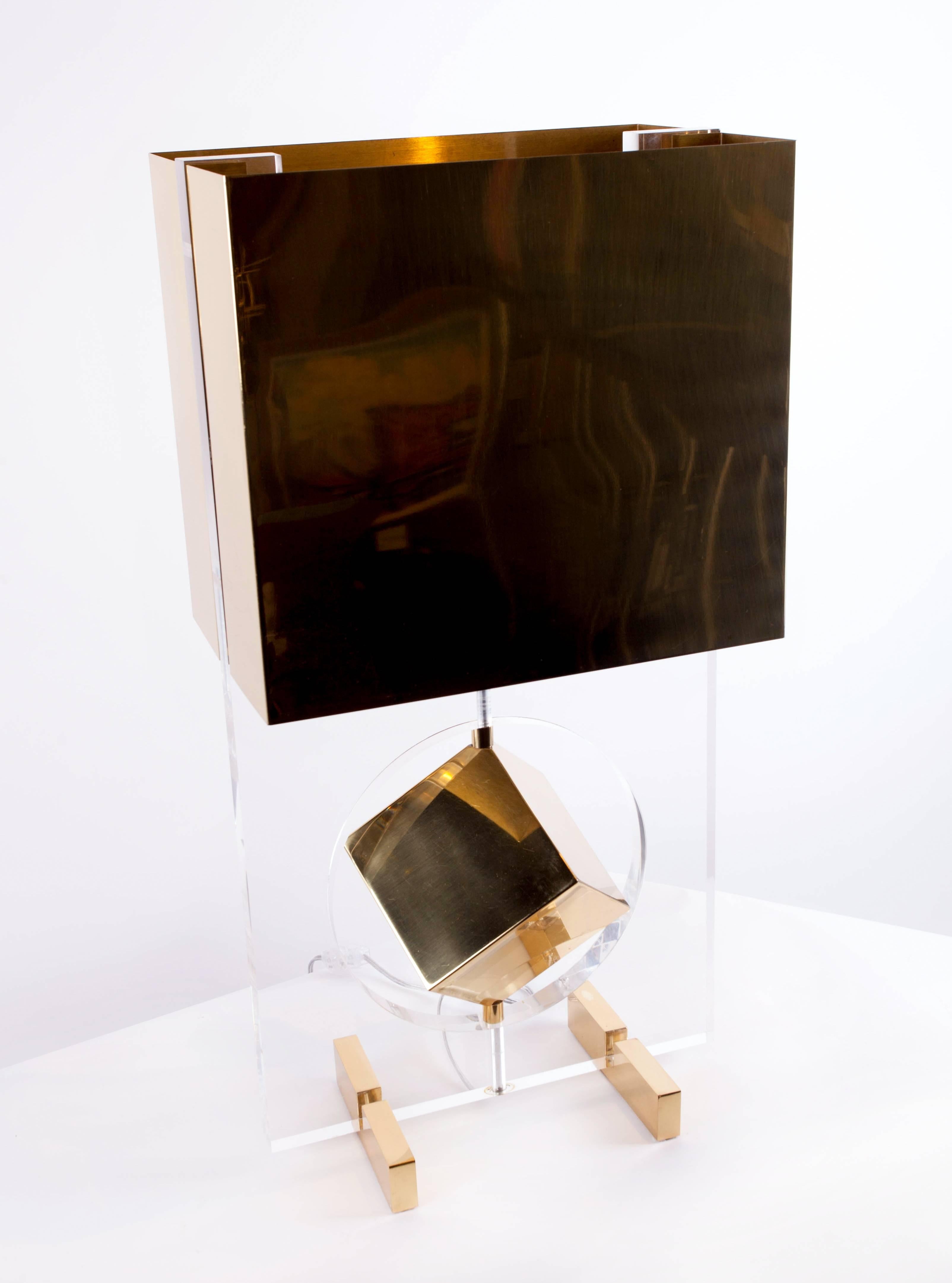 Modern Unusual brass and acrylic lamp with suspended cube C. 1980s