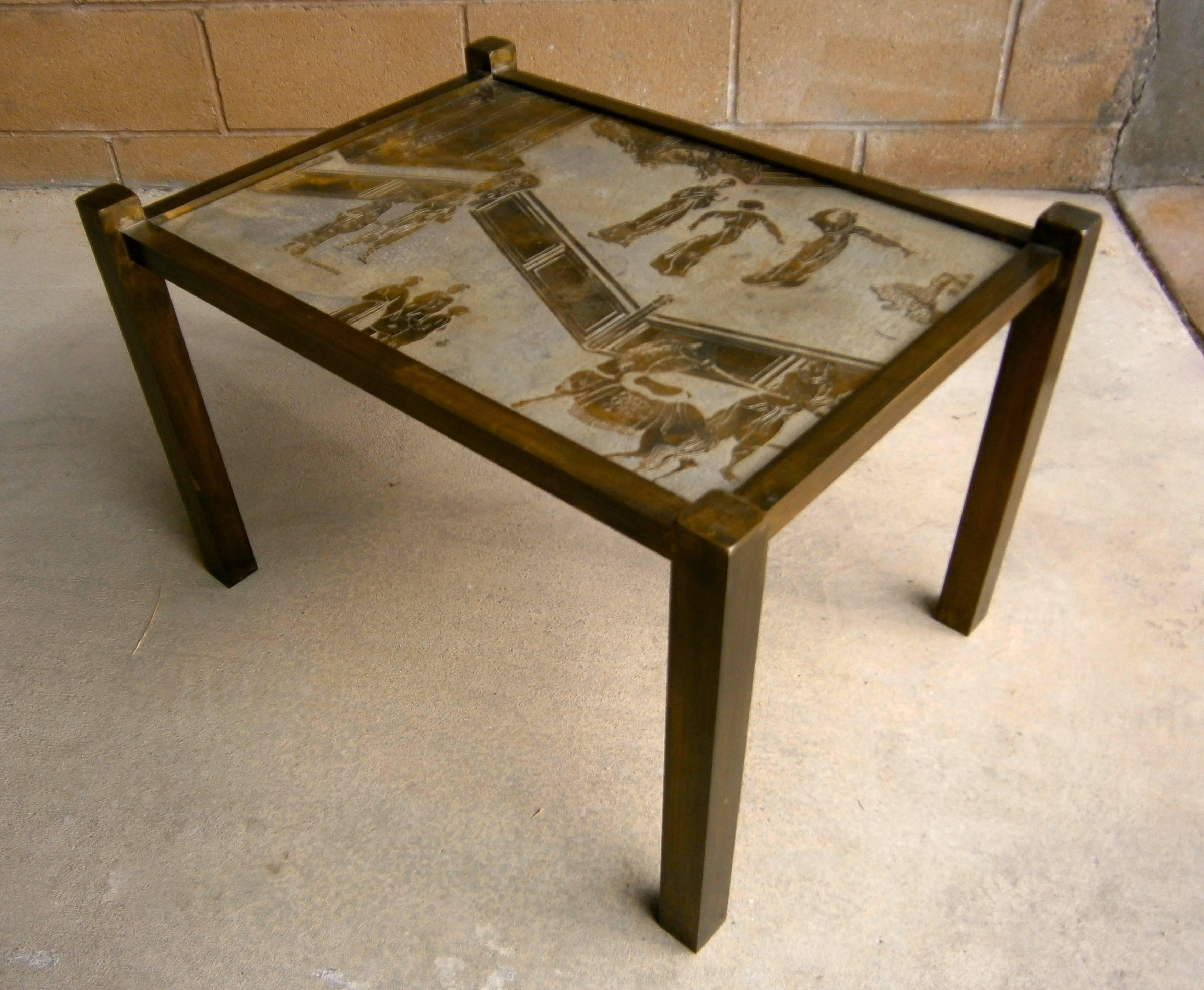 A bronze and etched pewter Tao side table by father and son artisans Philip and Kelvin Laverne from the 1970's. The etched signature P. K. Laverne is present.
Obtained from the original owner's home in Palm Springs.