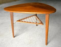 Danish Triangular Three Legged Teak Side Table with Lower Shelf C.1950's