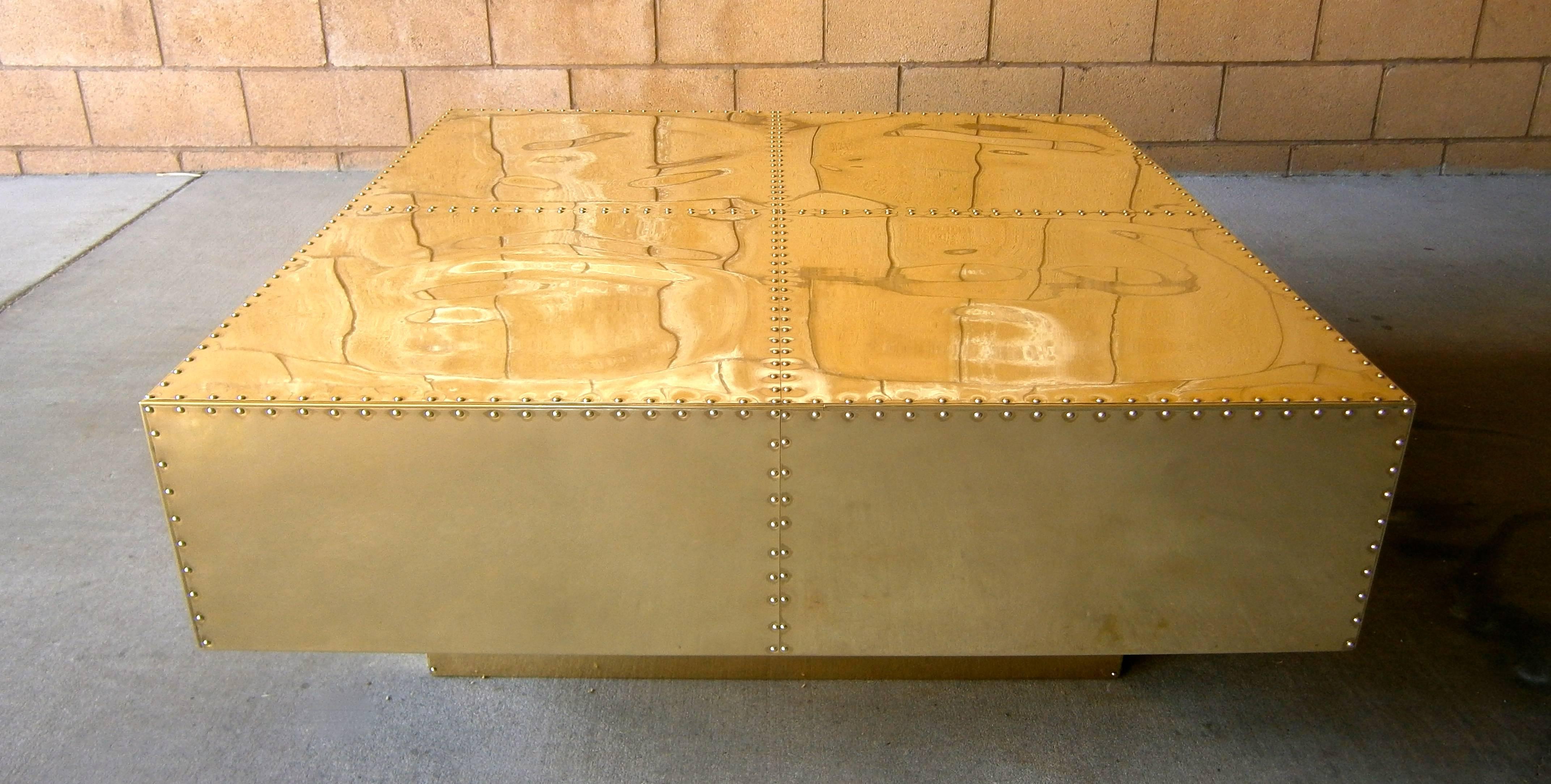Spanish Polished Studded Brass Square Coffee Table by Sarreid Ltd.  C. 1970s