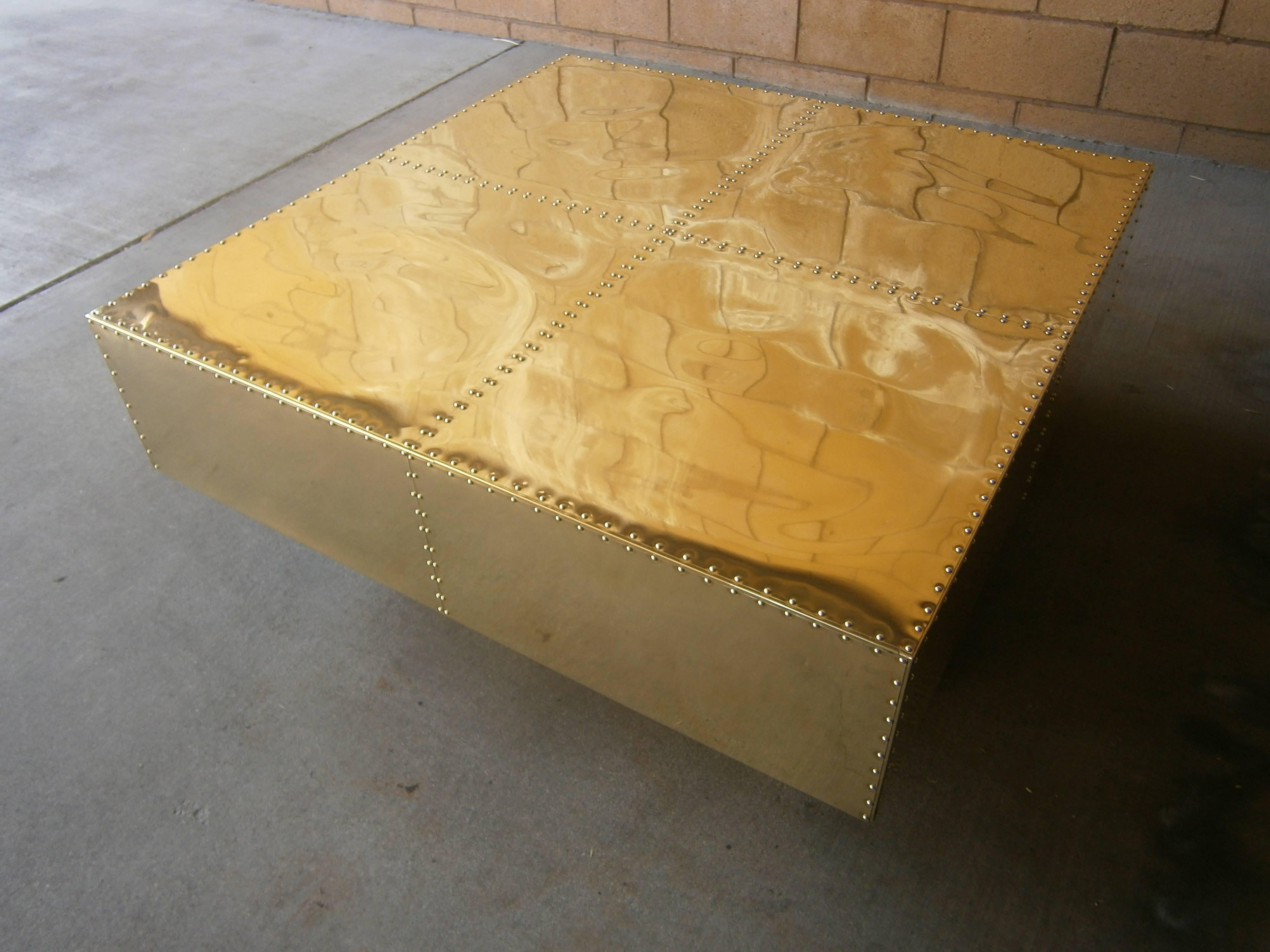 Polished Studded Brass Square Coffee Table by Sarreid Ltd.  C. 1970s In Excellent Condition In Palm Springs, CA