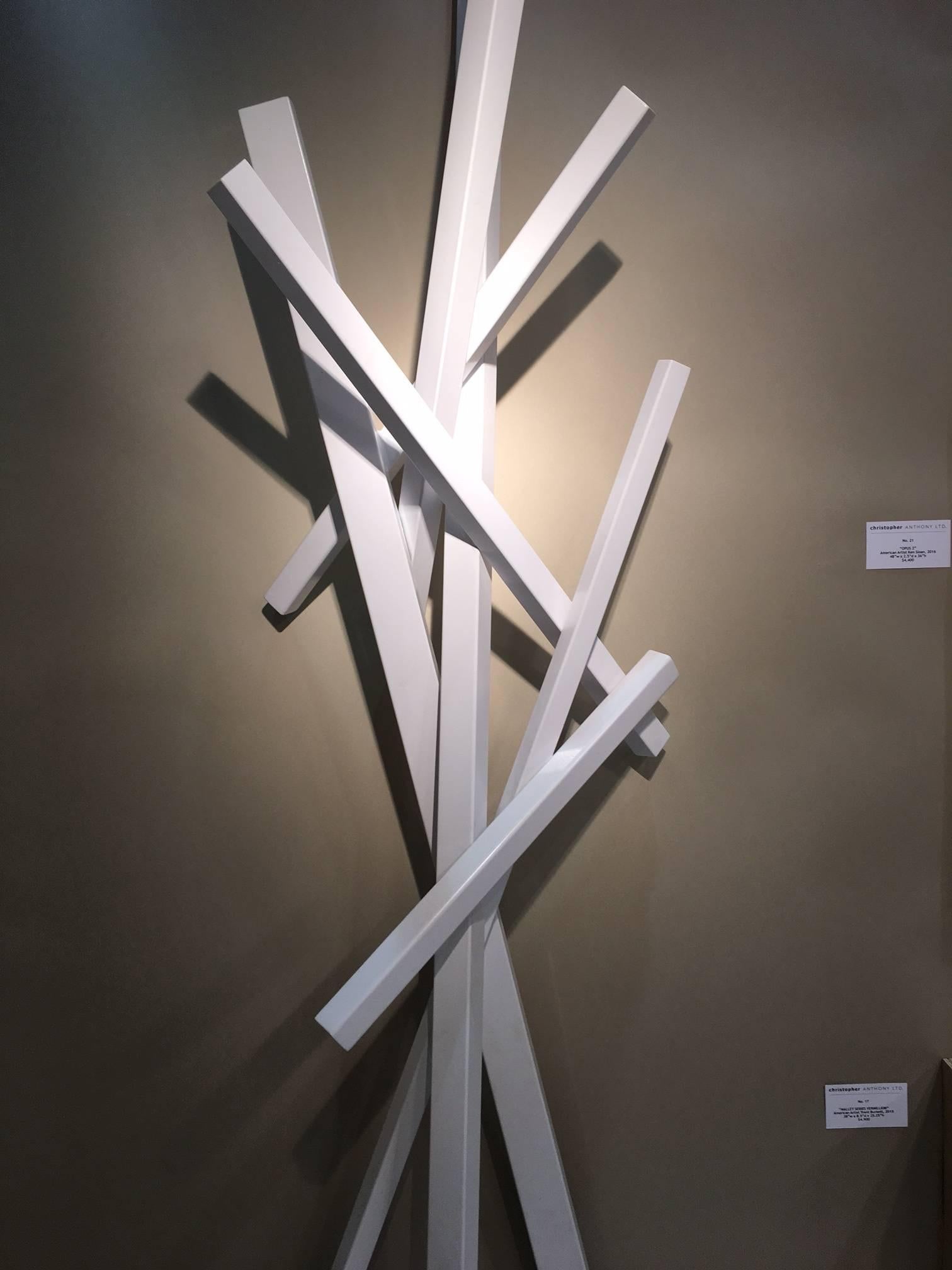 "The Fifth Position" An original wall mounted sculpture by American artist Joey Vaiasuso. This contemporary welded steel sculpture has been professionally powder coated in a pure white. A master of composition and geometry, Mr. Vaiasuso