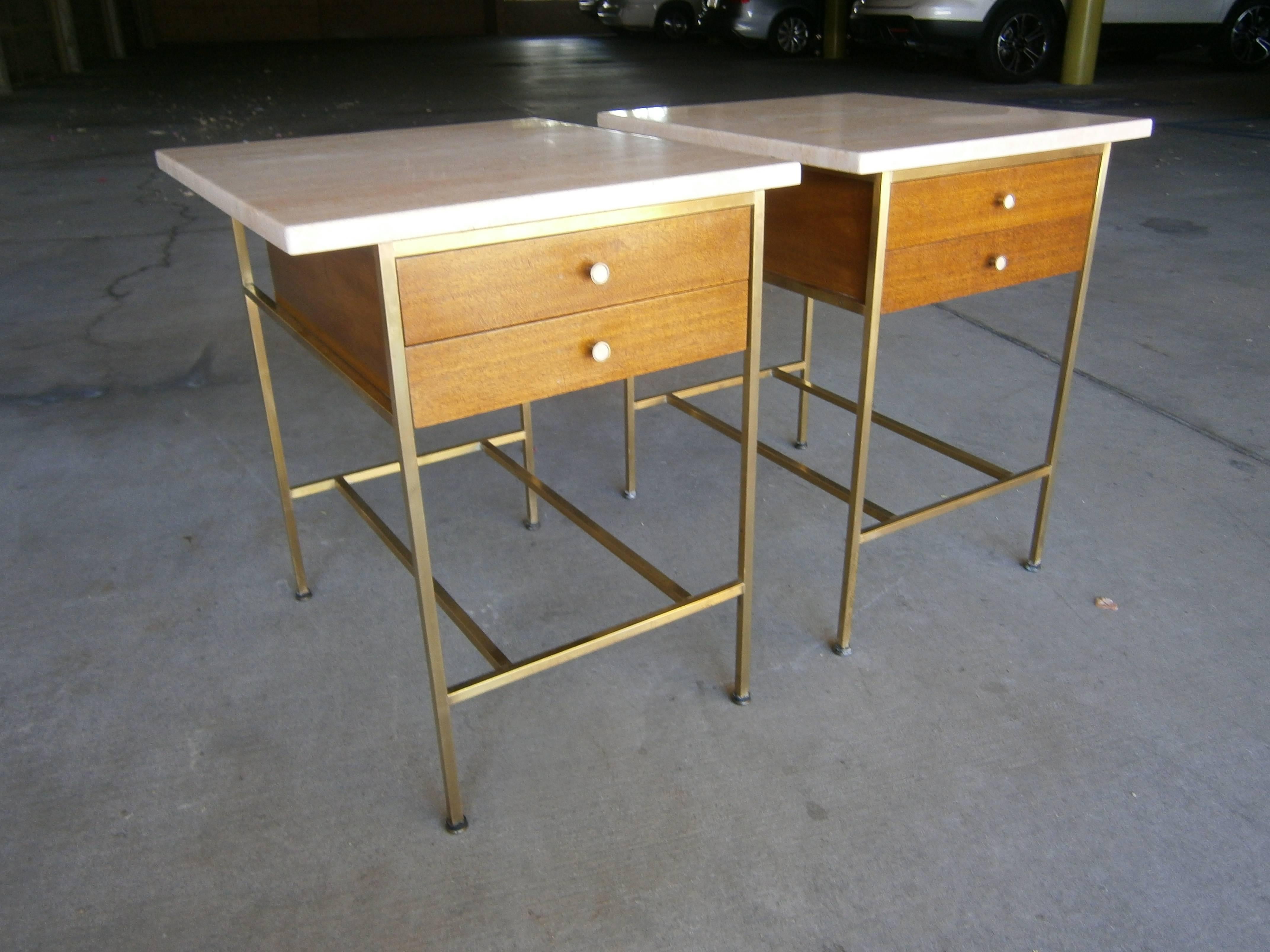 Pair of Paul McCobb Two Drawer Bedside chests with Travertine Tops  C. 1950s In Excellent Condition In Palm Springs, CA