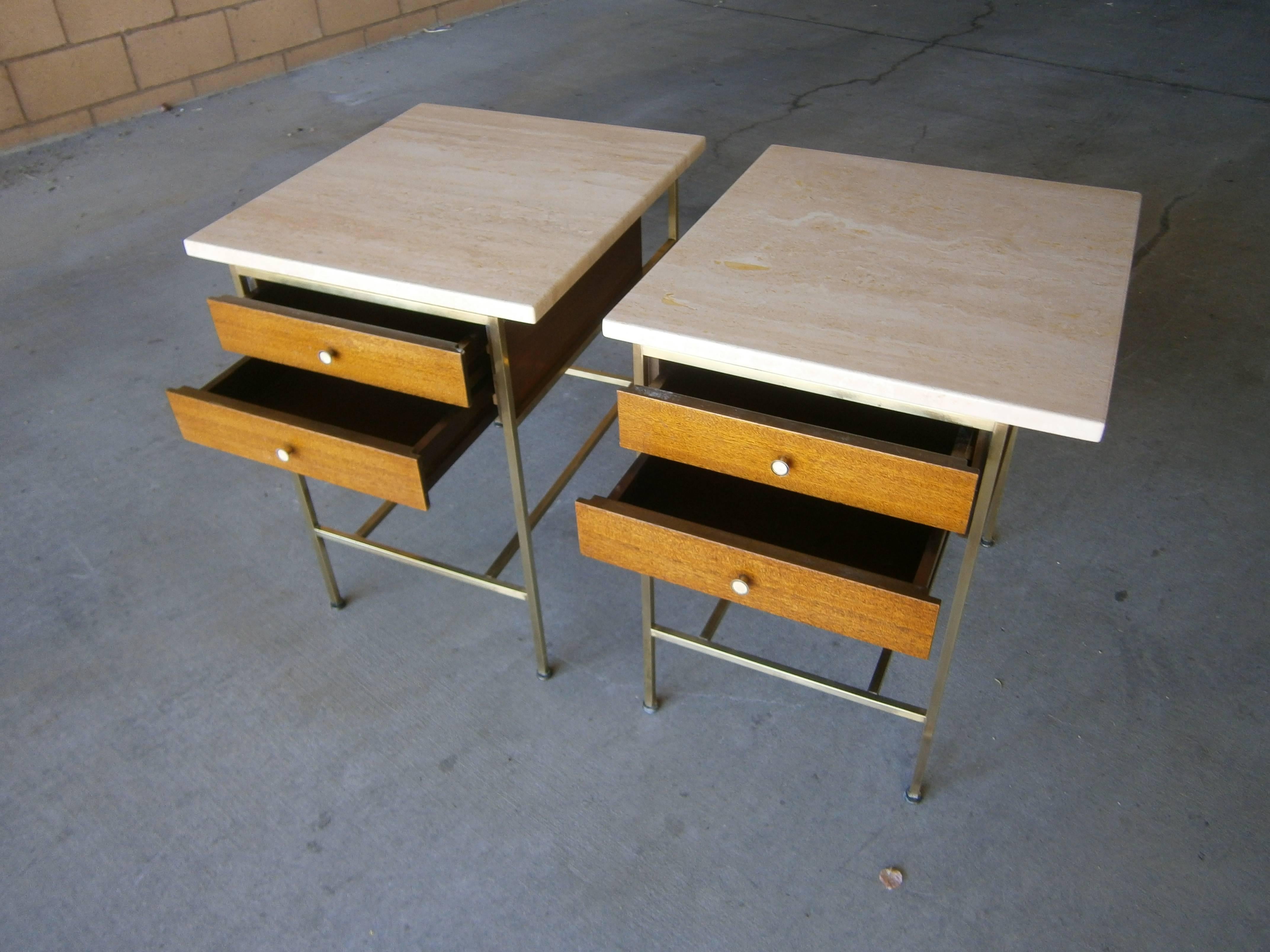 Pair of Paul McCobb Two Drawer Bedside chests with Travertine Tops  C. 1950s 1