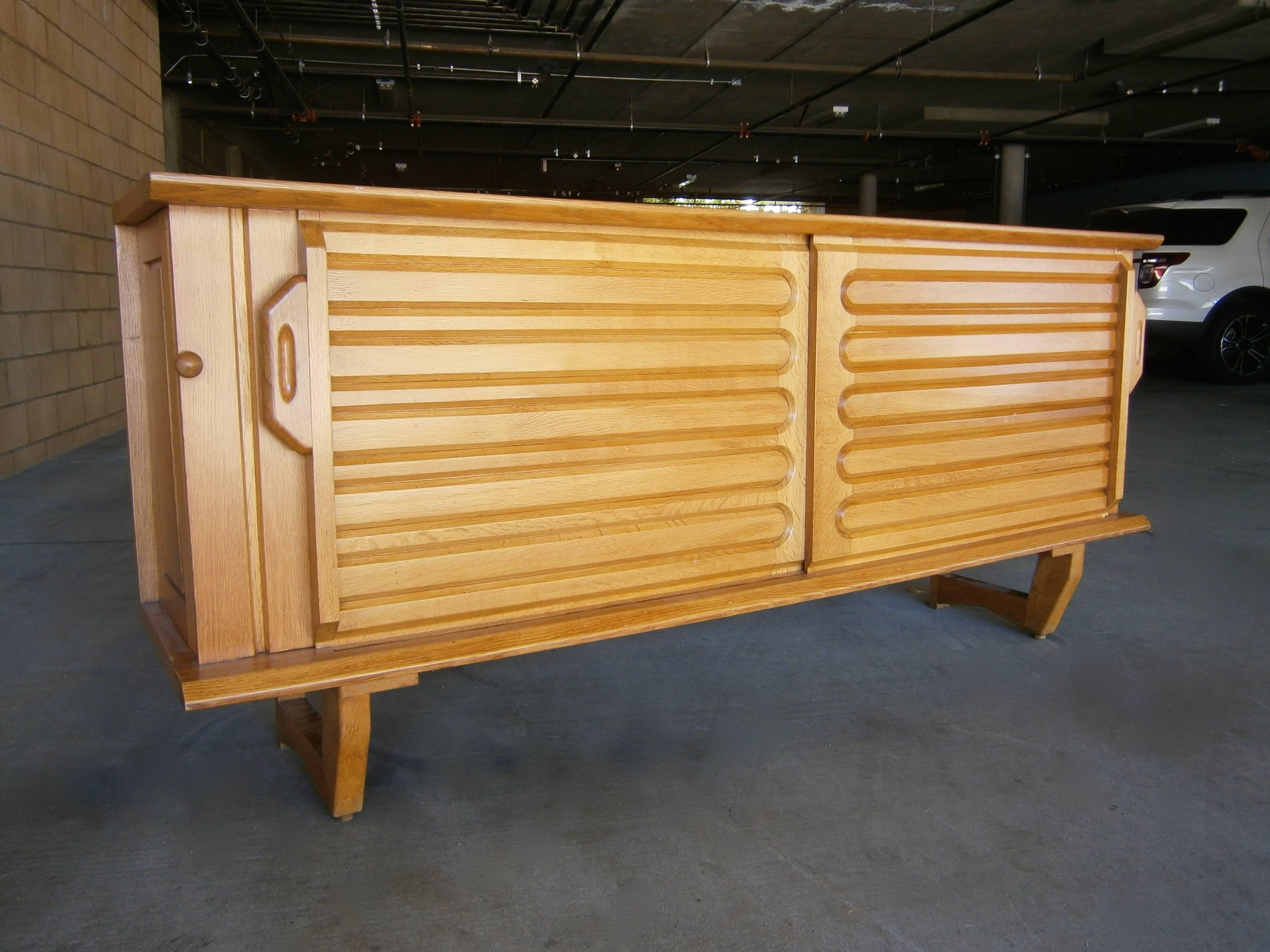 Glazed Unique Solid Oak French Sideboard Designed by Guillerme et Chambron C. 1960s