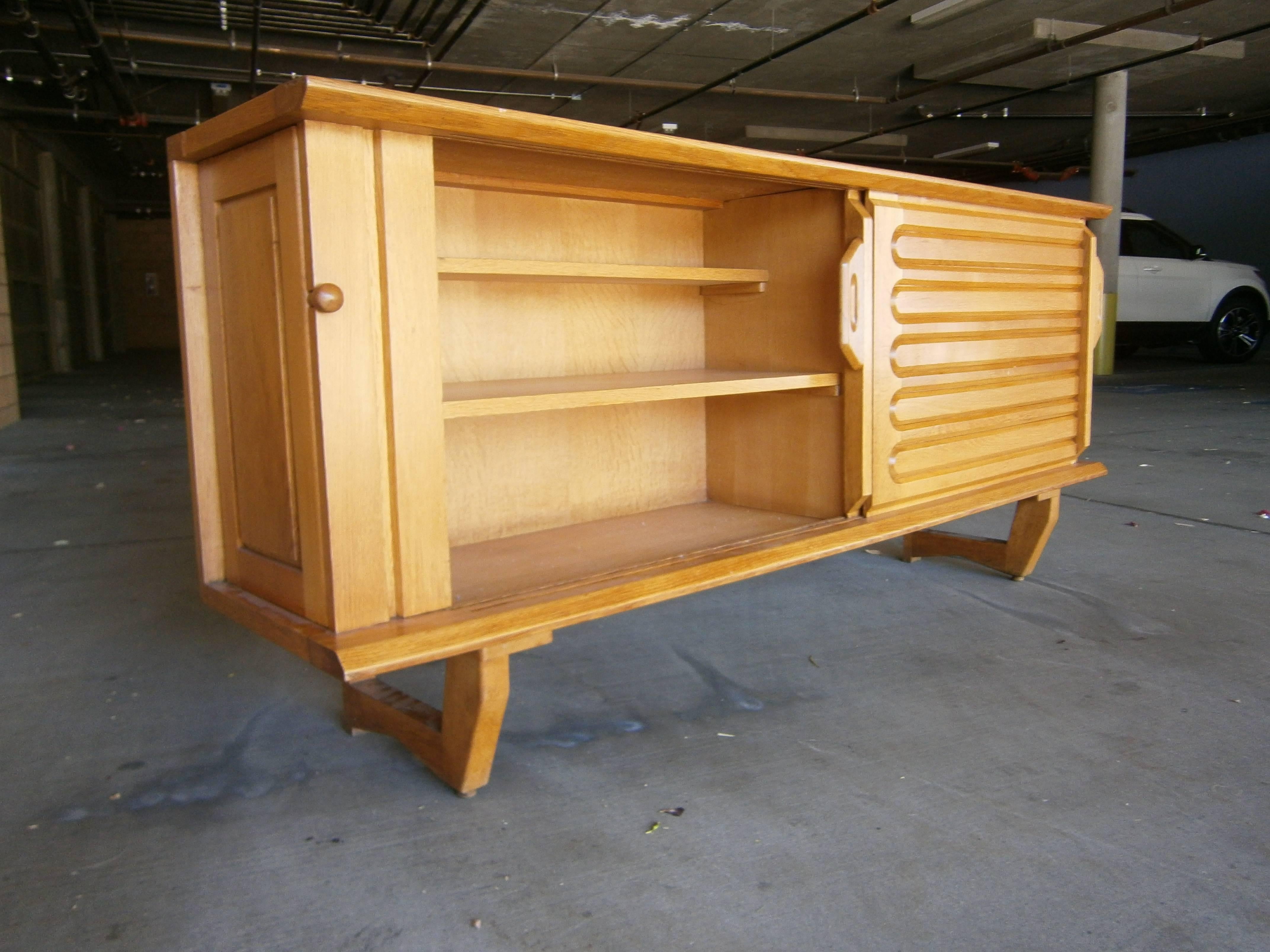 Ceramic Unique Solid Oak French Sideboard Designed by Guillerme et Chambron C. 1960s