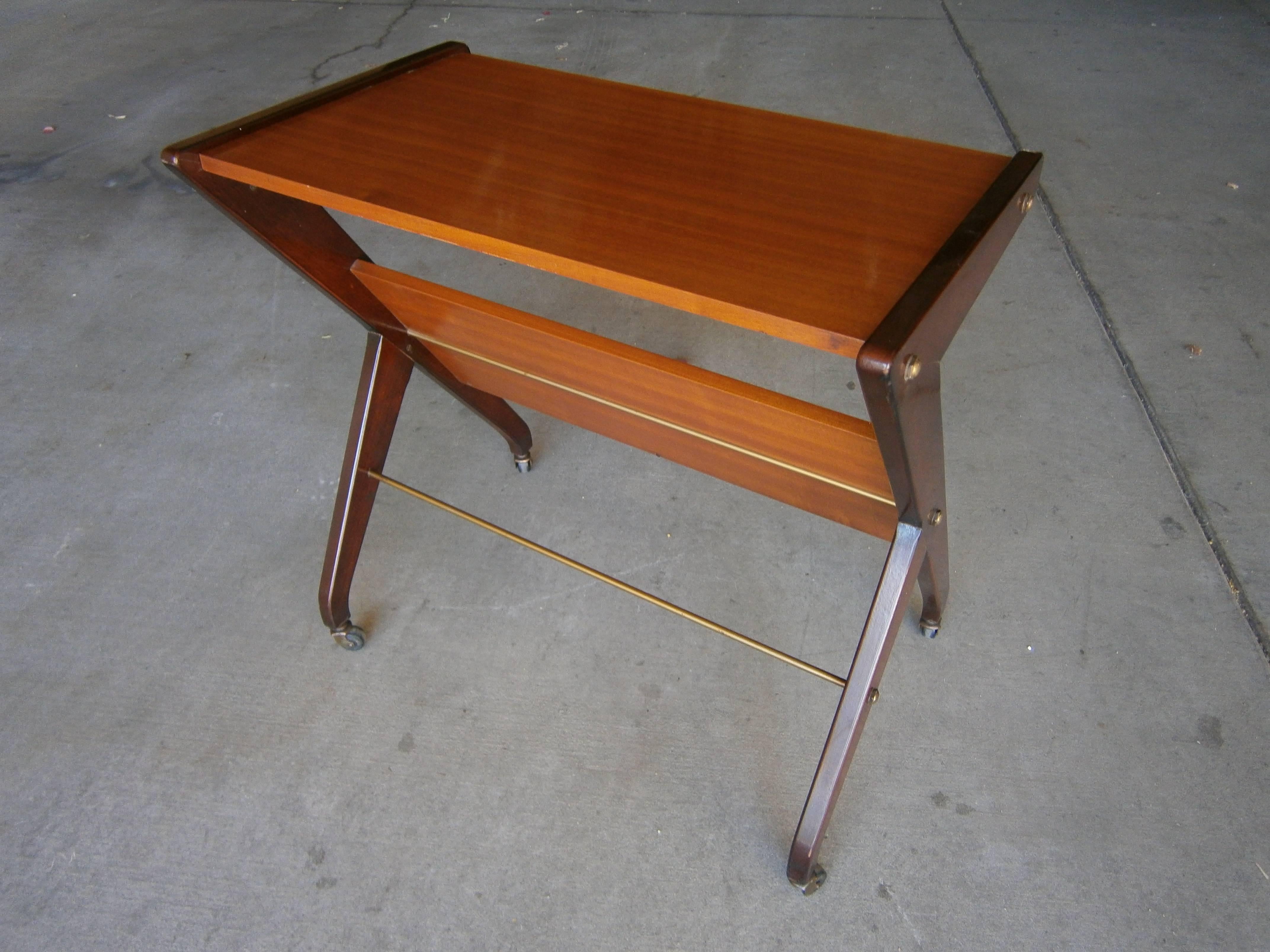 Mid-Century Modern Italian Mahogany and Brass Magazine Cart Attributed to Angelo Ostuni  C. 1950s