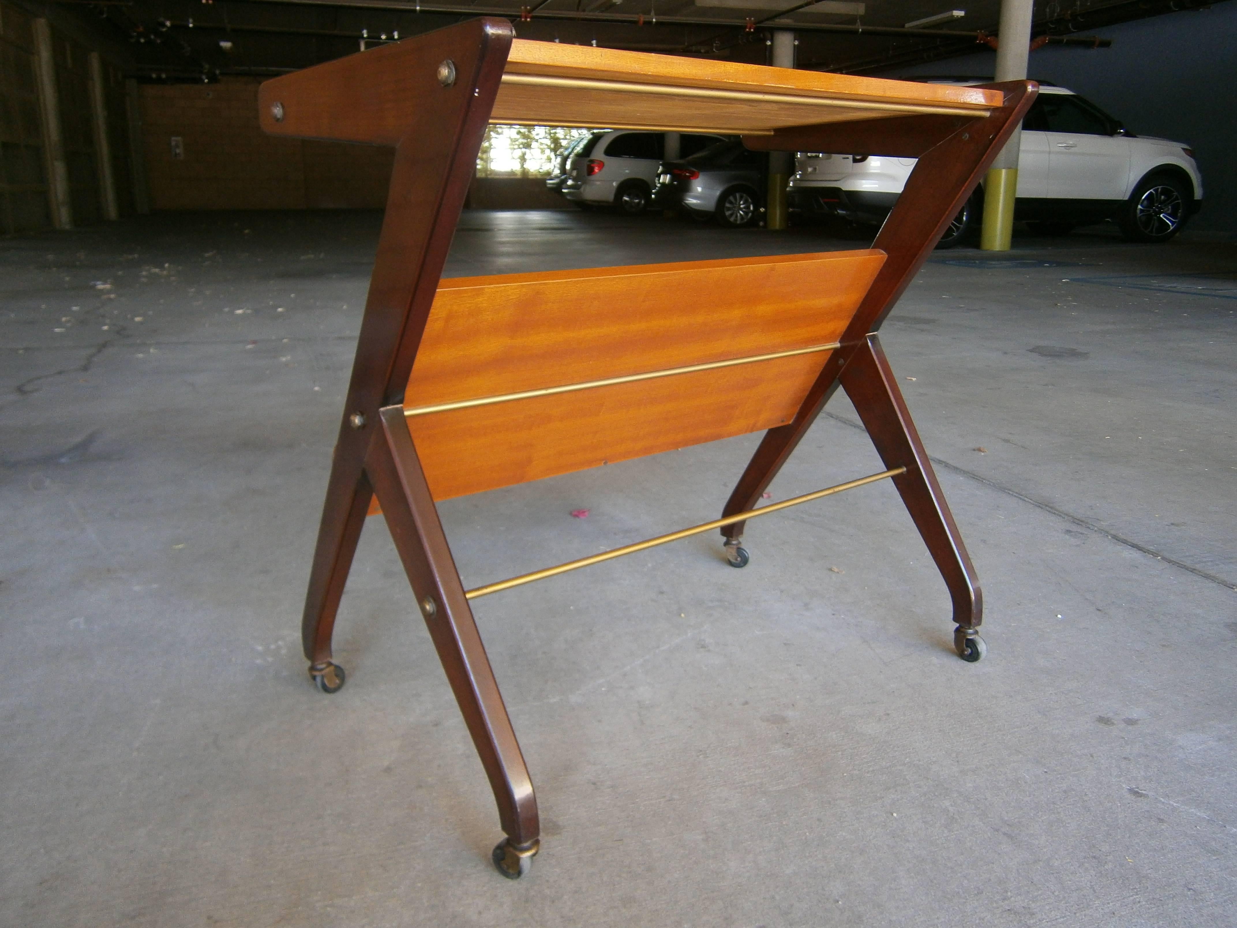 Italian Mahogany and Brass Magazine Cart Attributed to Angelo Ostuni  C. 1950s In Excellent Condition In Palm Springs, CA