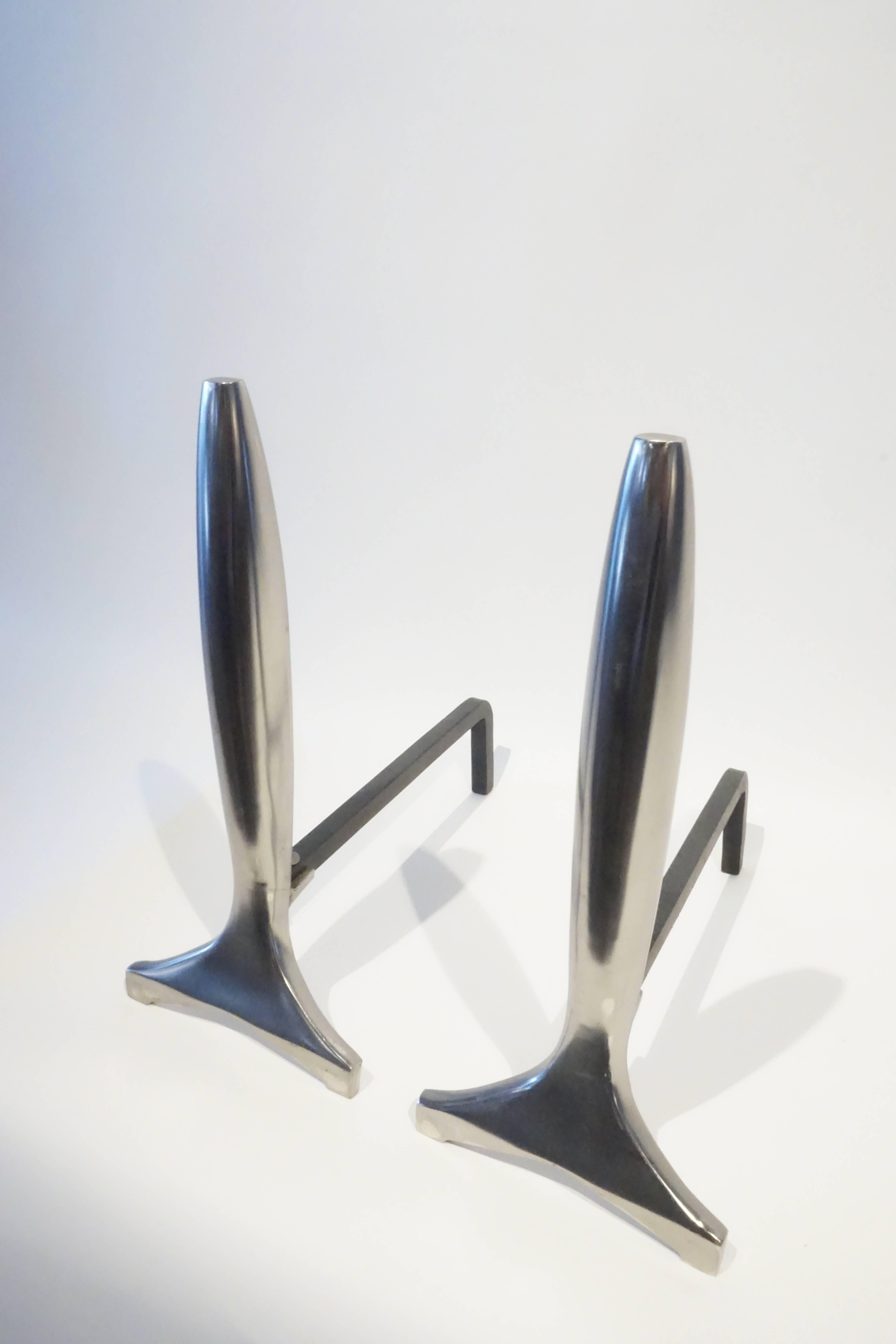 Mid-Century Modern Pair of American Modernist Polished Aluminum Andirons C. 1940s For Sale