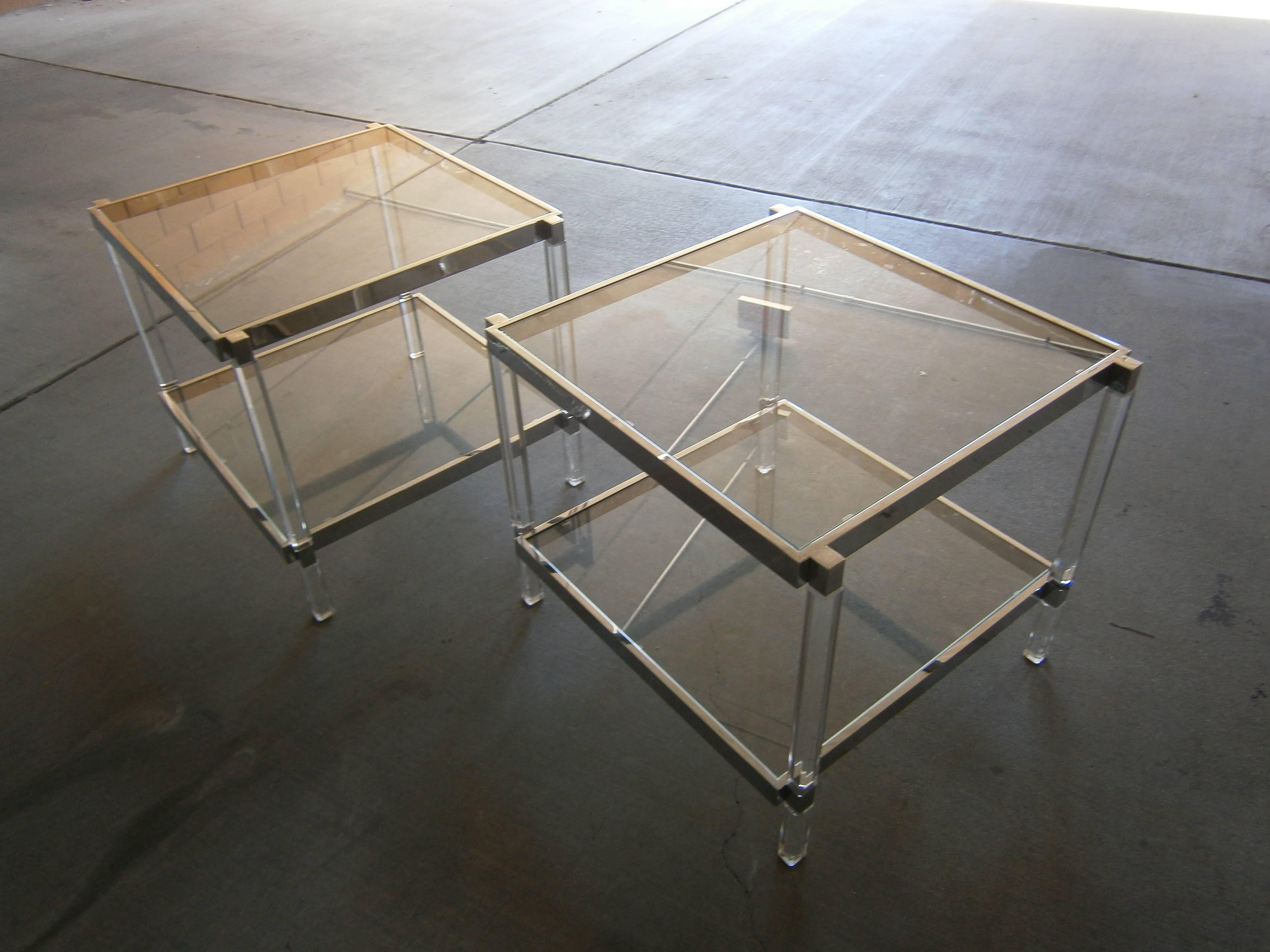 Mid-Century Modern Pair of Chromed Steel & Lucite Metric Line Side Tables by Charles Hollis Jones For Sale