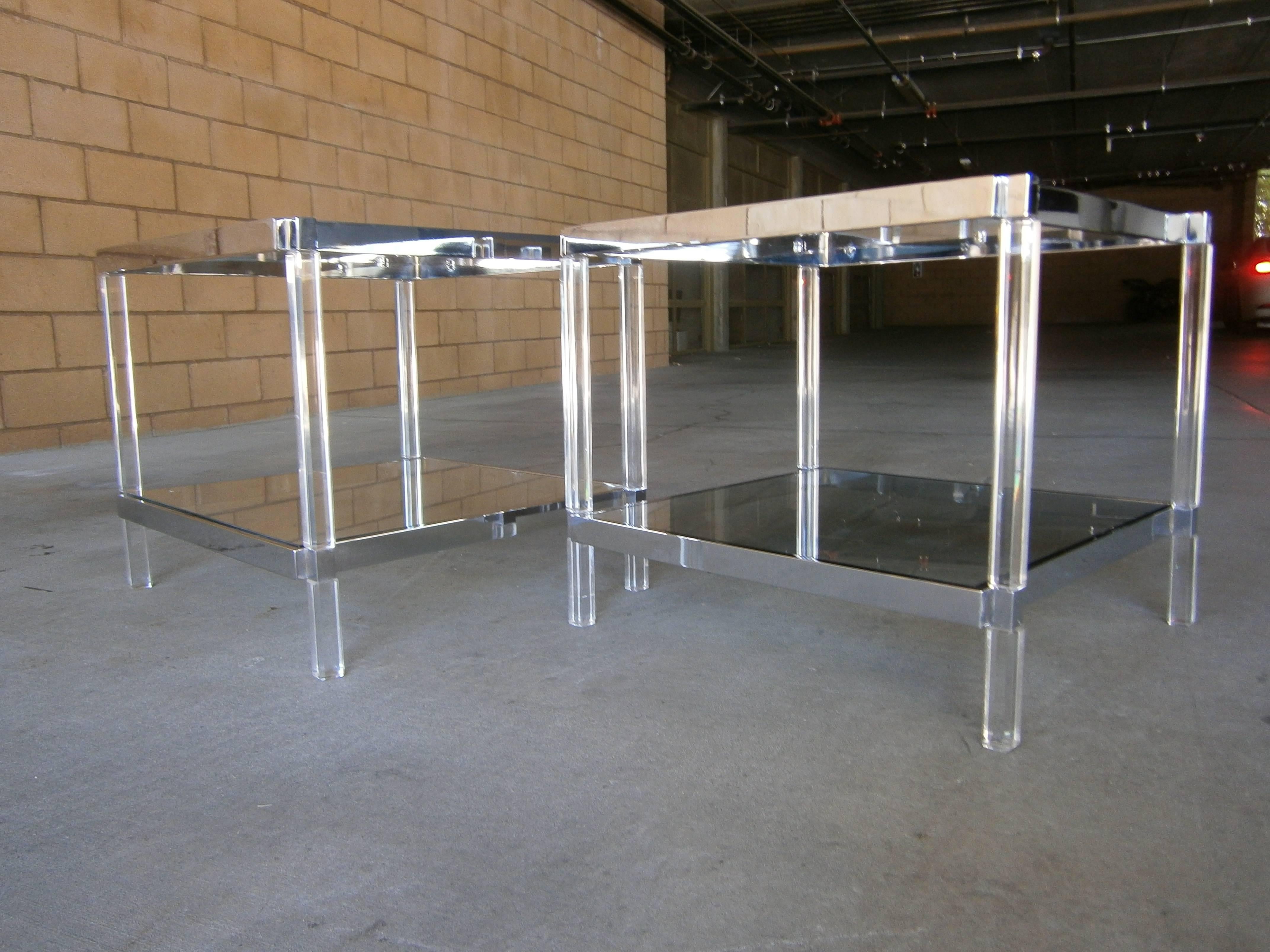 Plated Pair of Chromed Steel & Lucite Metric Line Side Tables by Charles Hollis Jones For Sale