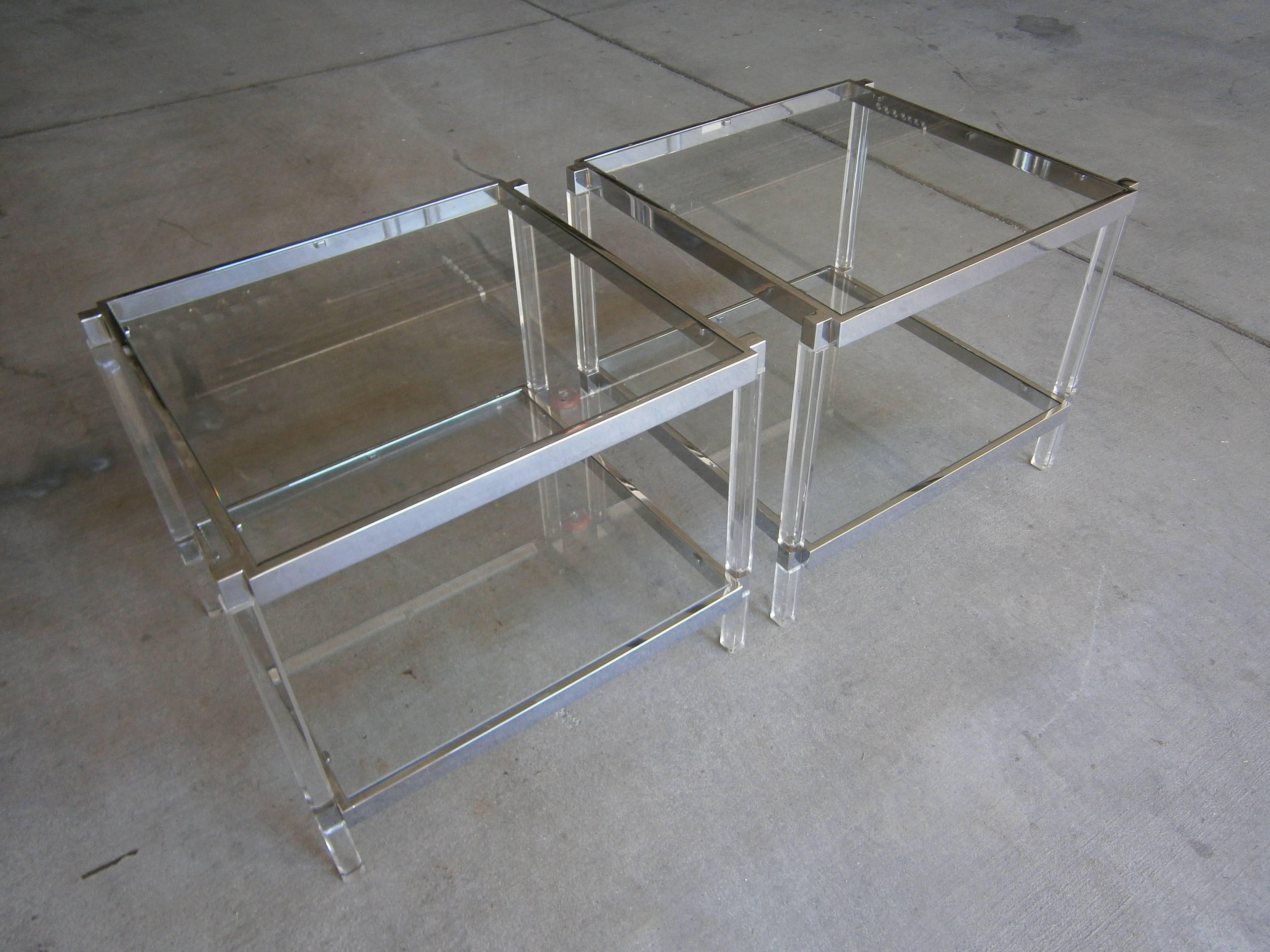 Pair of Chromed Steel & Lucite Metric Line Side Tables by Charles Hollis Jones For Sale 3