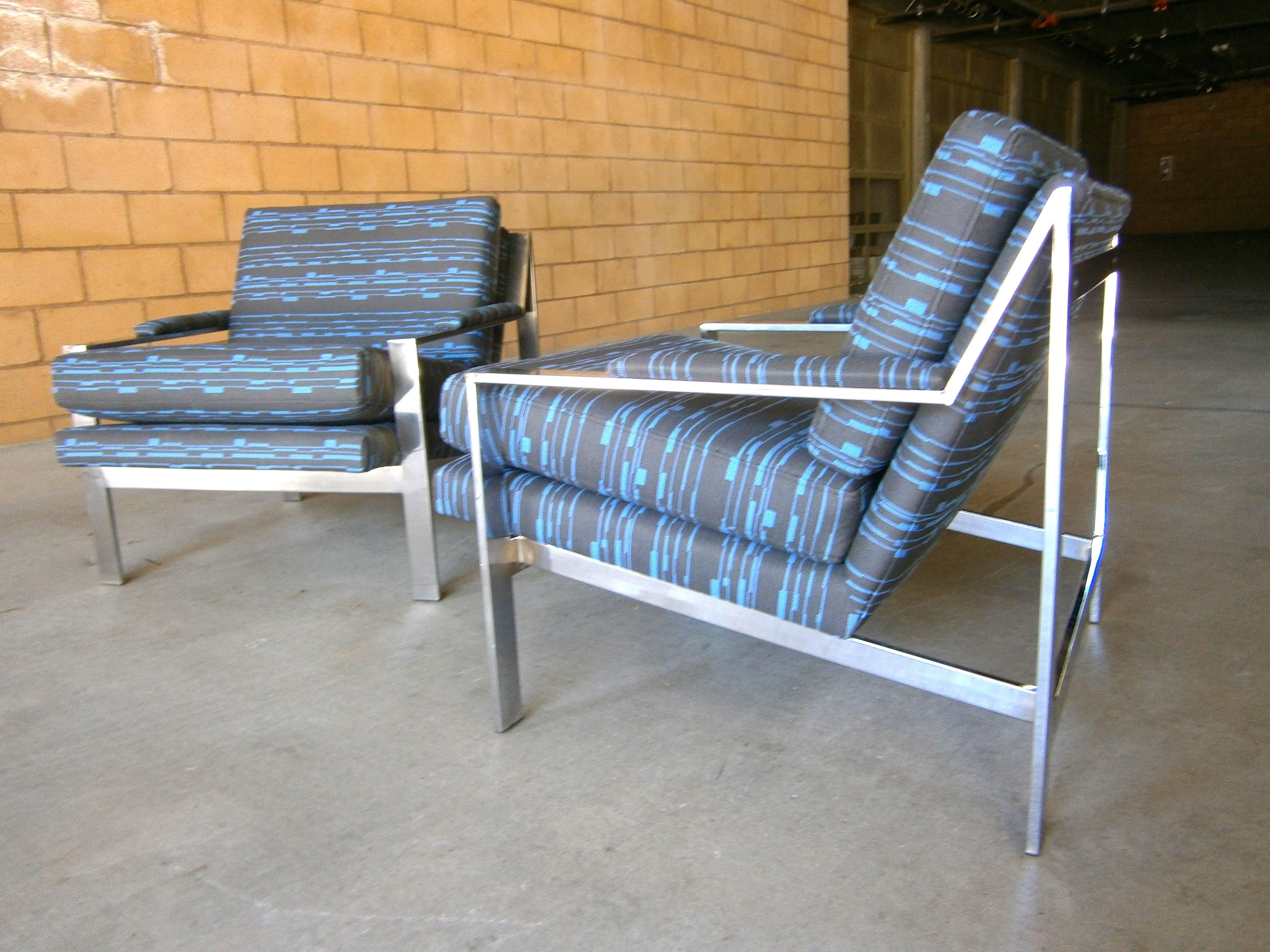 Mid-Century Modern Beautifully Upholstered Pair of Polished Steel Lounge Chairs by Cy Mann  C.1970s