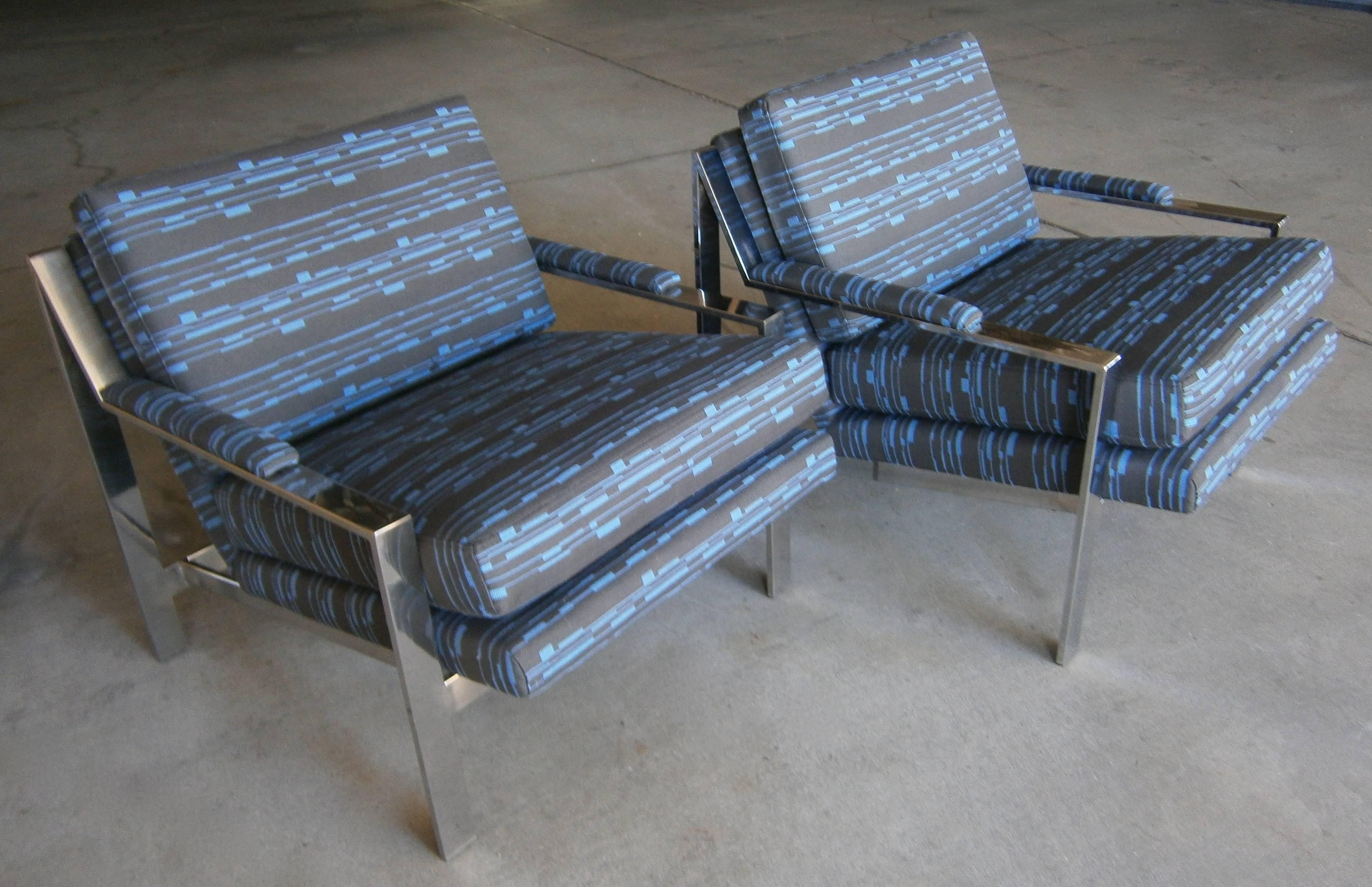 American Beautifully Upholstered Pair of Polished Steel Lounge Chairs by Cy Mann  C.1970s