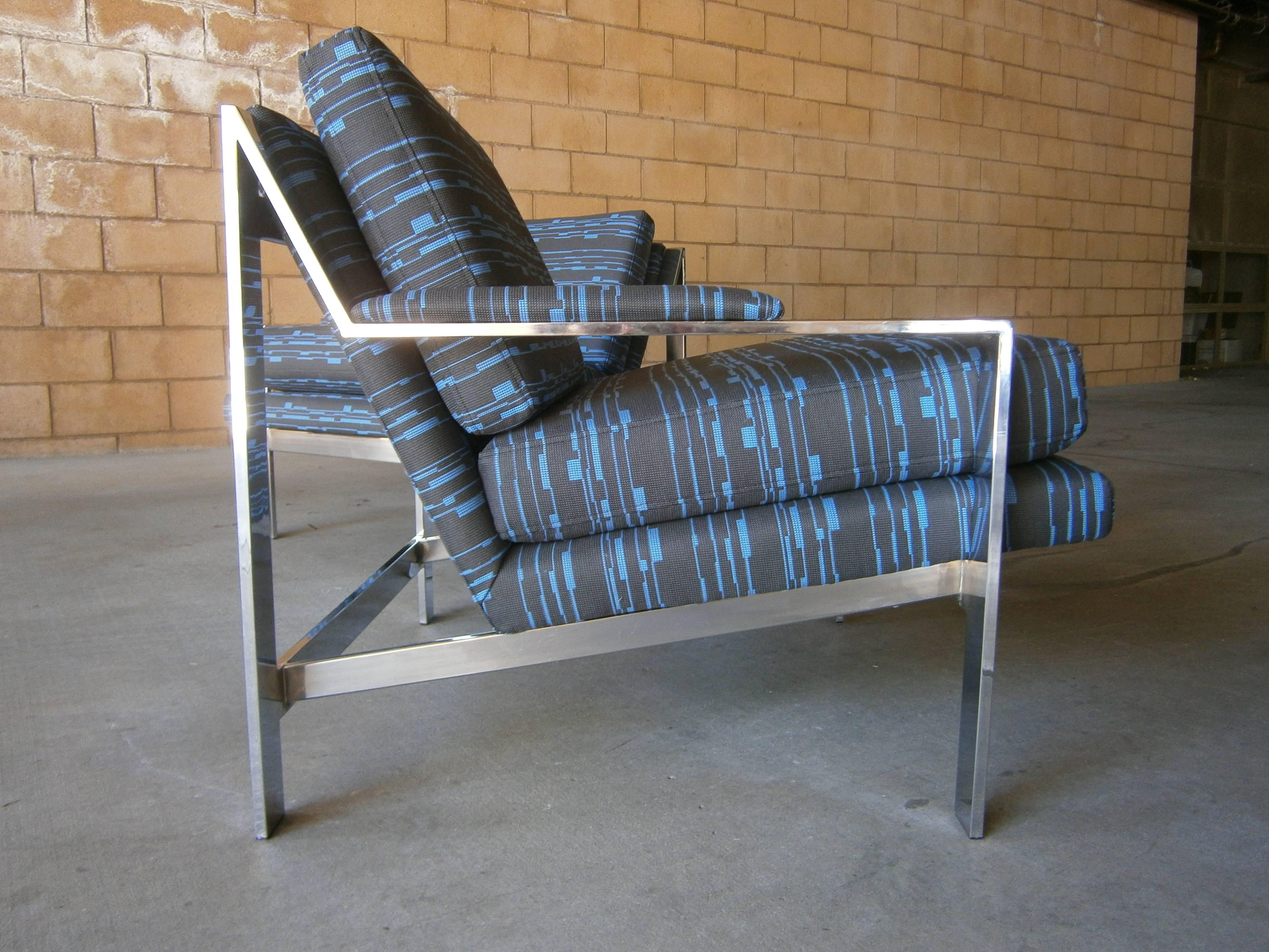 Beautifully Upholstered Pair of Polished Steel Lounge Chairs by Cy Mann  C.1970s 1