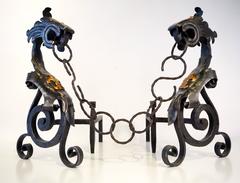 Spectacular Pair of Wrought Iron Gothic Revival Dragon Andirons