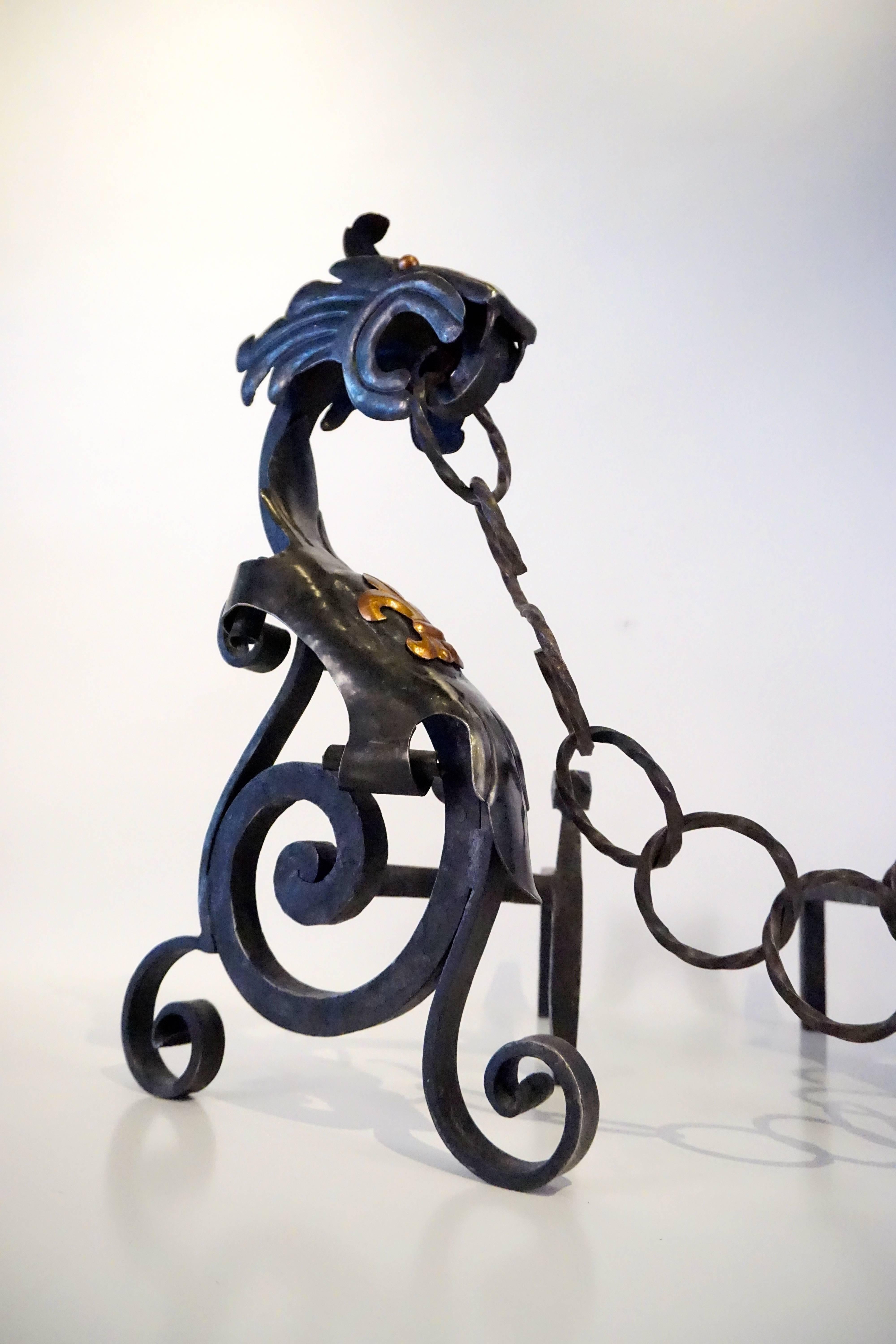 French Spectacular Pair of Wrought Iron Gothic Revival Dragon Andirons For Sale