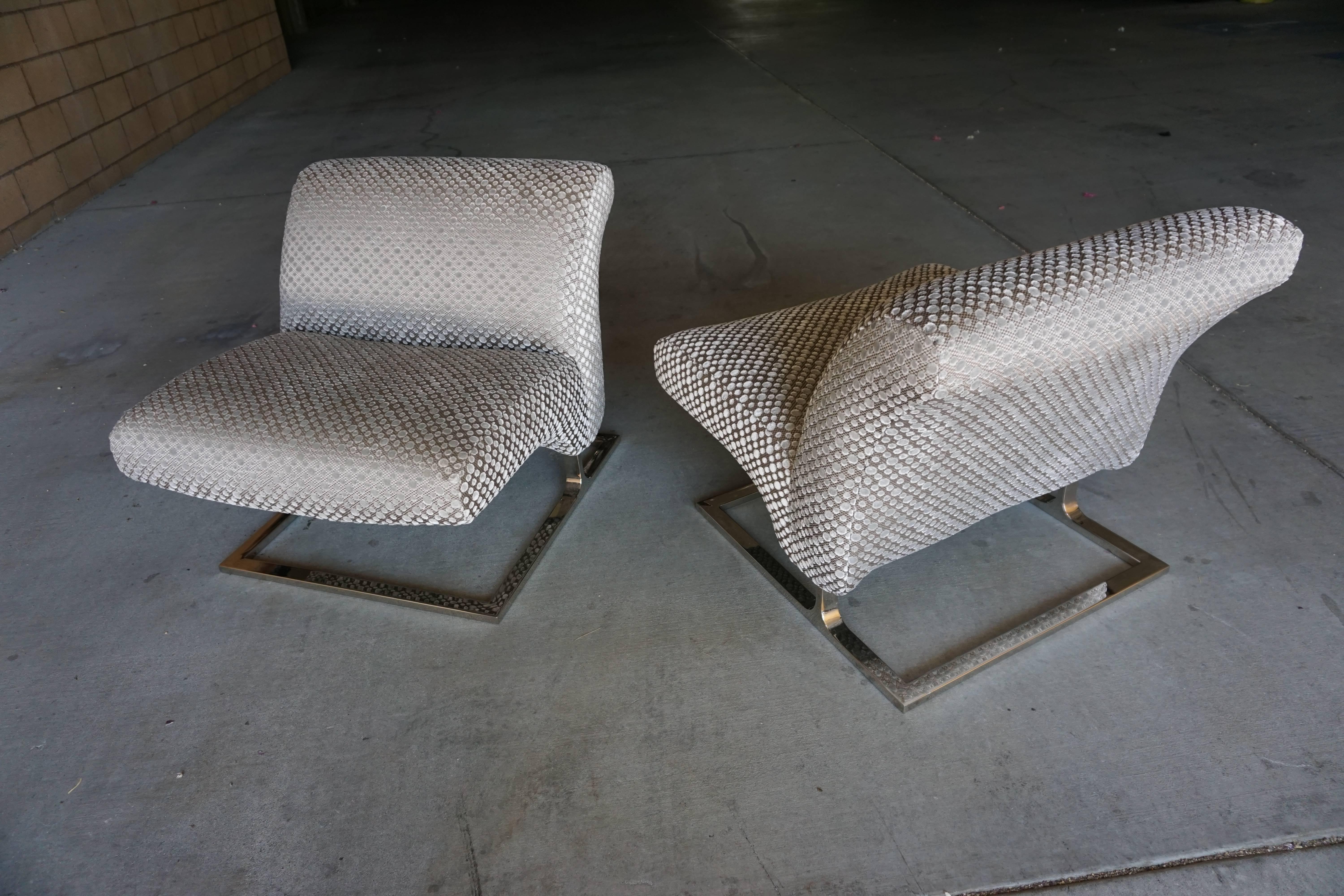 American Handsome Pair of Cantilevered Lounge Chairs with Nickel Plated Bases C. 1970's