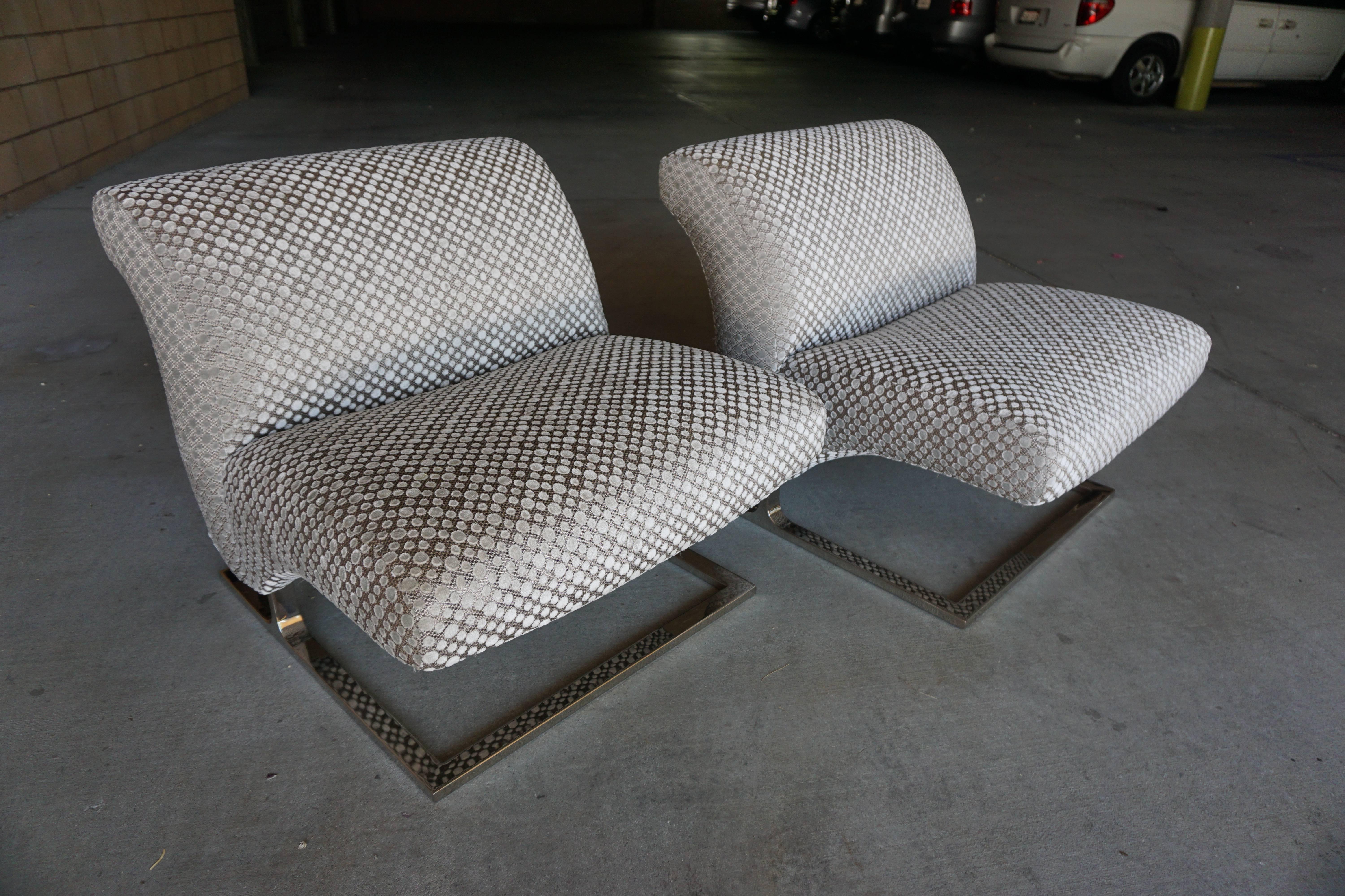 Handsome Pair of Cantilevered Lounge Chairs with Nickel Plated Bases C. 1970's 4