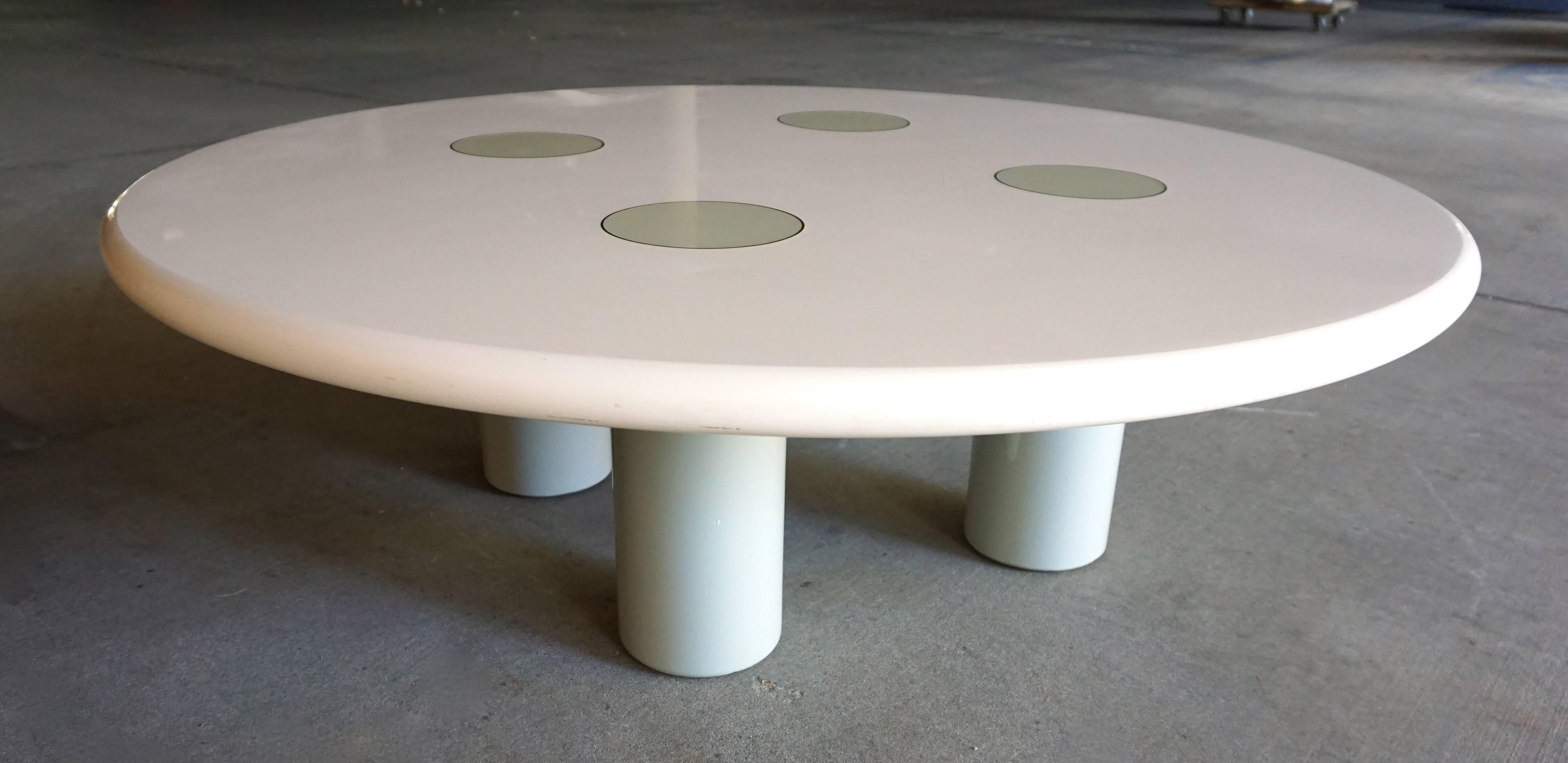 Modern Dynamic Custom Lacquered Wood Coffee/Dining Table with Brass Inlay, c.1980's For Sale