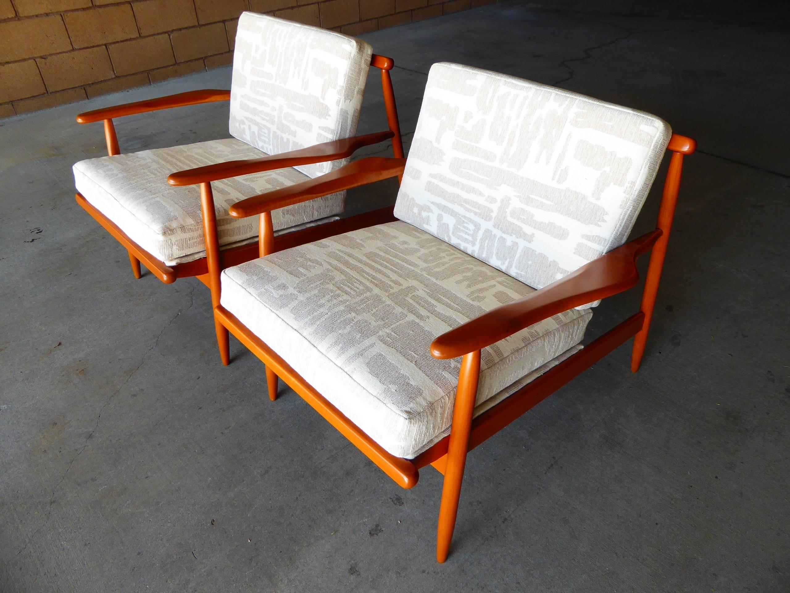 Fabric Pair of Maple Lounge Chairs C. 1950's