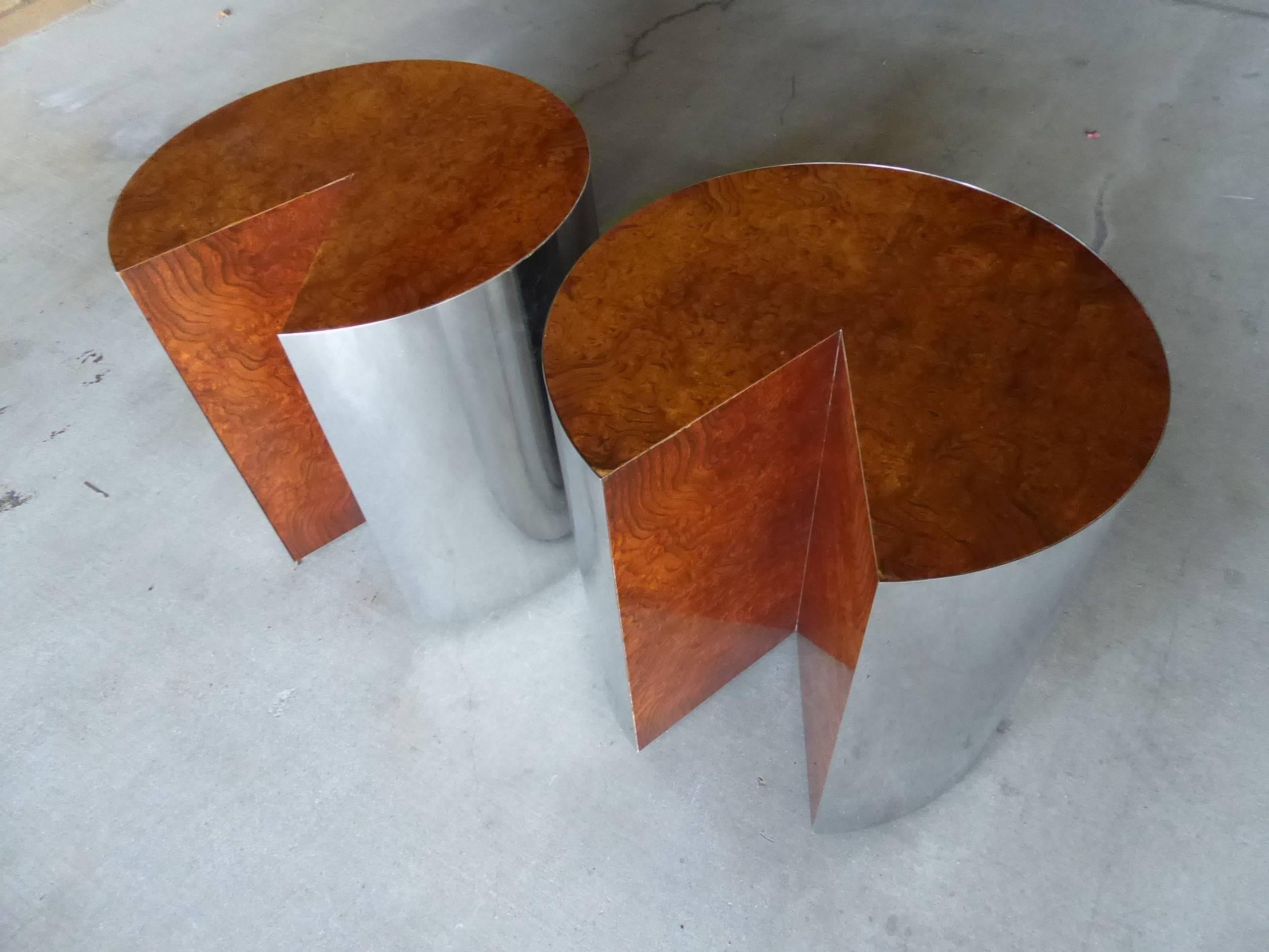Late 20th Century Pair of Burled Wood and Polished Steel Circular Side Tables by Pace Collection
