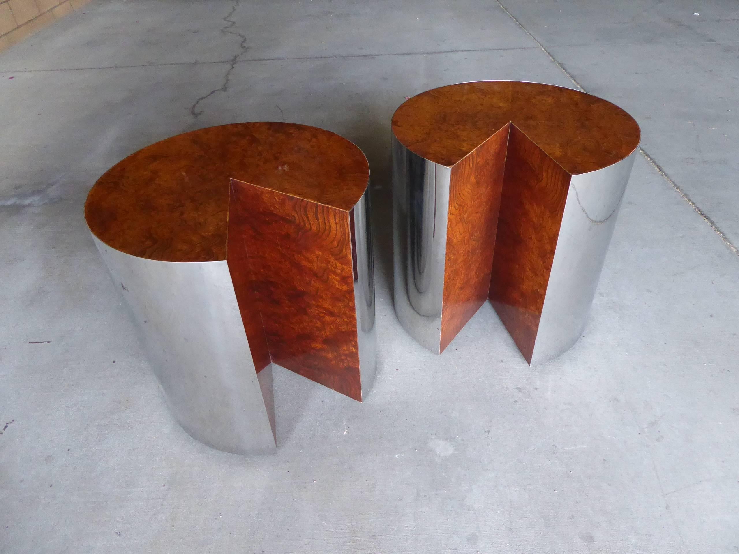American Pair of Burled Wood and Polished Steel Circular Side Tables by Pace Collection