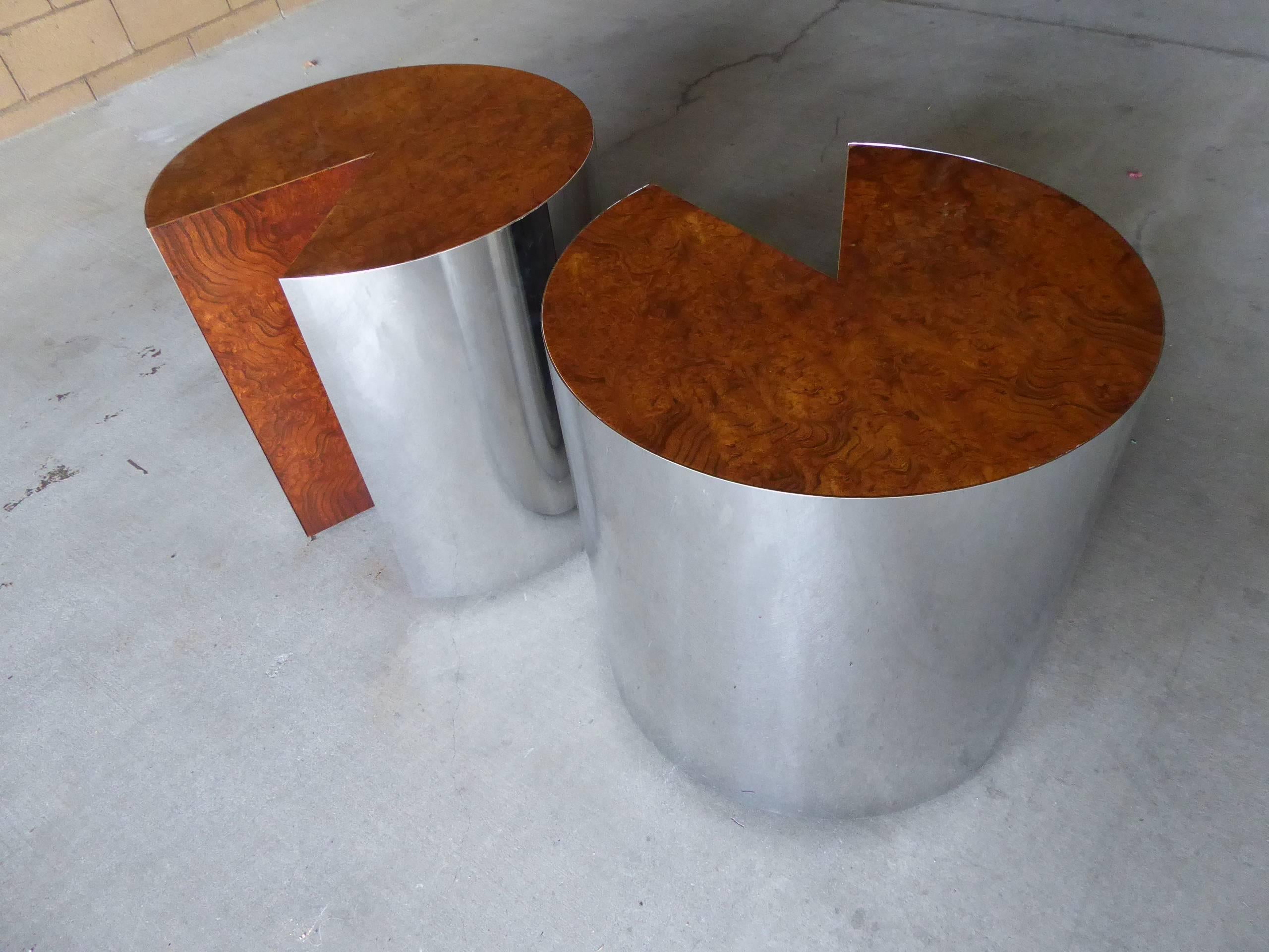 Pair of Burled Wood and Polished Steel Circular Side Tables by Pace Collection 1