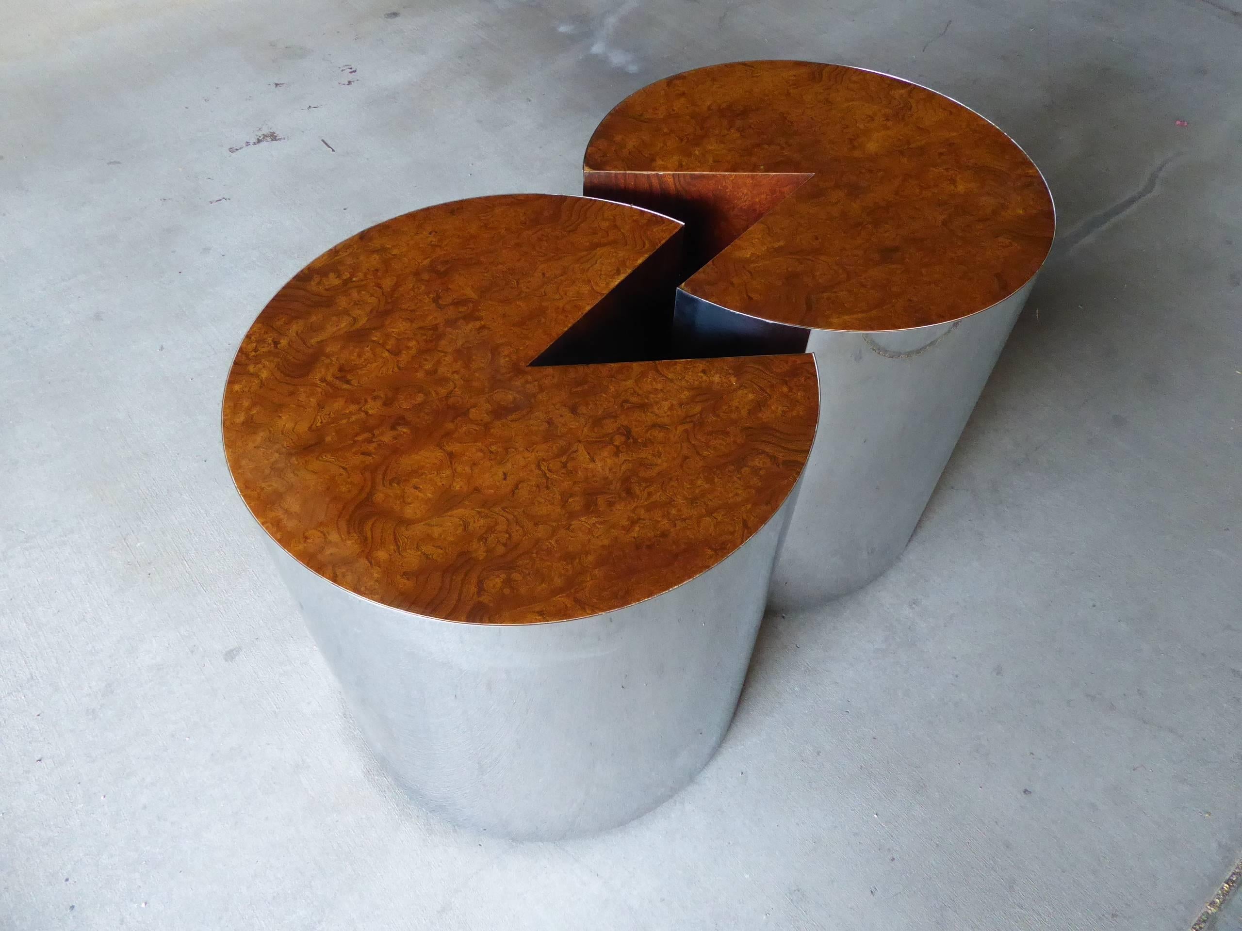 Mid-Century Modern Pair of Burled Wood and Polished Steel Circular Side Tables by Pace Collection