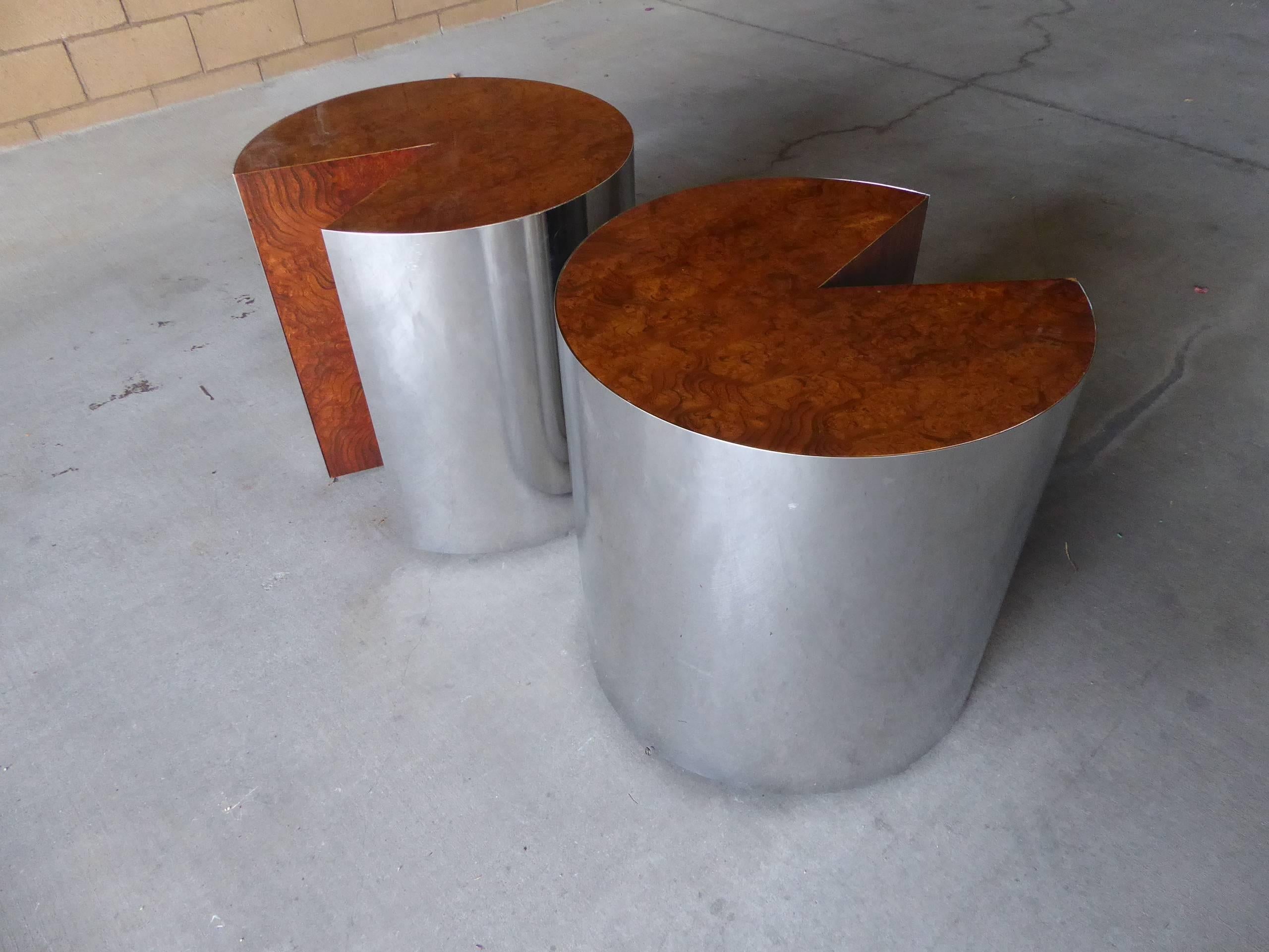 Pair of Burled Wood and Polished Steel Circular Side Tables by Pace Collection 3