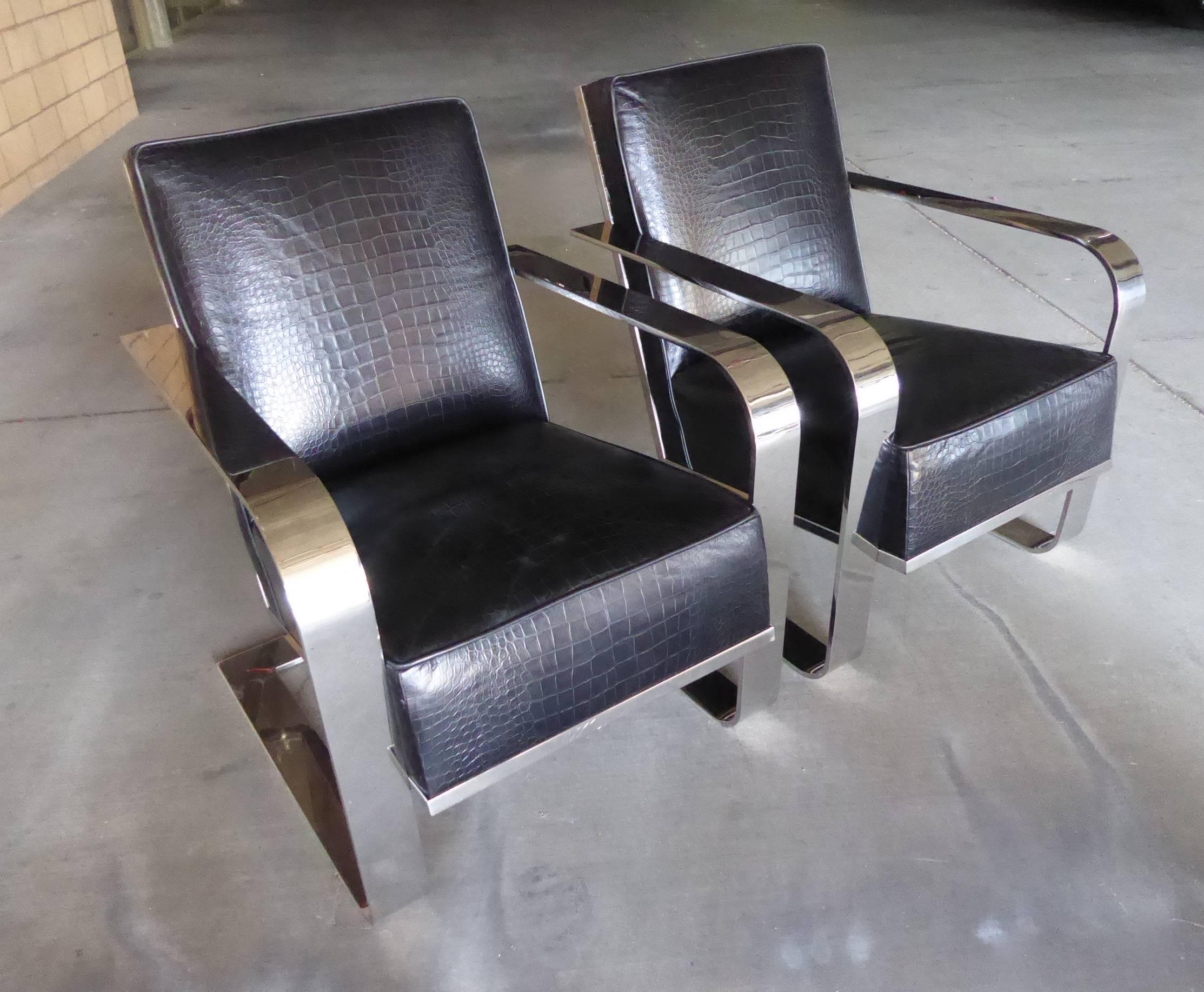 Pair of Art Deco Inspired Nickeled Steel and Leather Lounge Chairs, Ralph Lauren For Sale 1