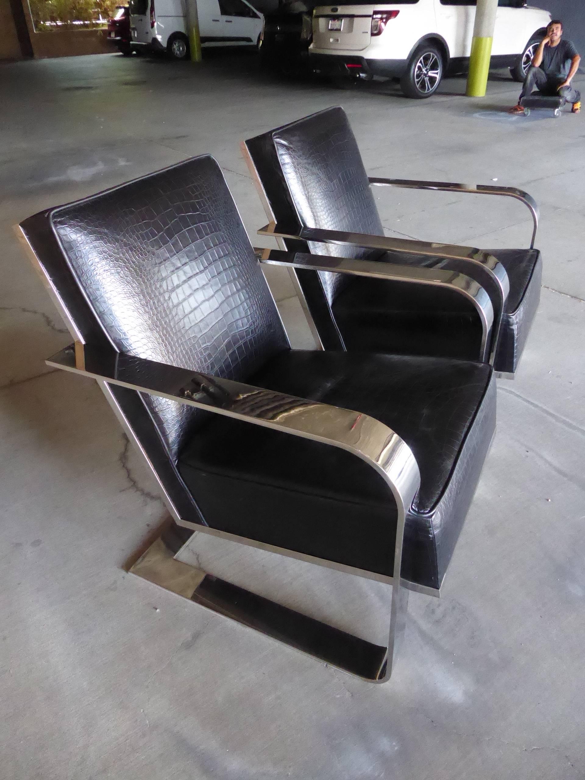 20th Century Pair of Art Deco Inspired Nickeled Steel and Leather Lounge Chairs, Ralph Lauren For Sale