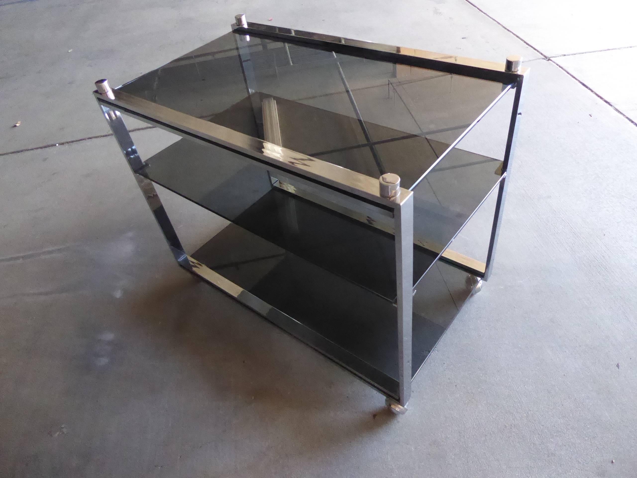 Mid-Century Modern Chrome-Plated Steel and Smoked Glass Bar Cart by Charles Hollis Jones circa 1968 For Sale
