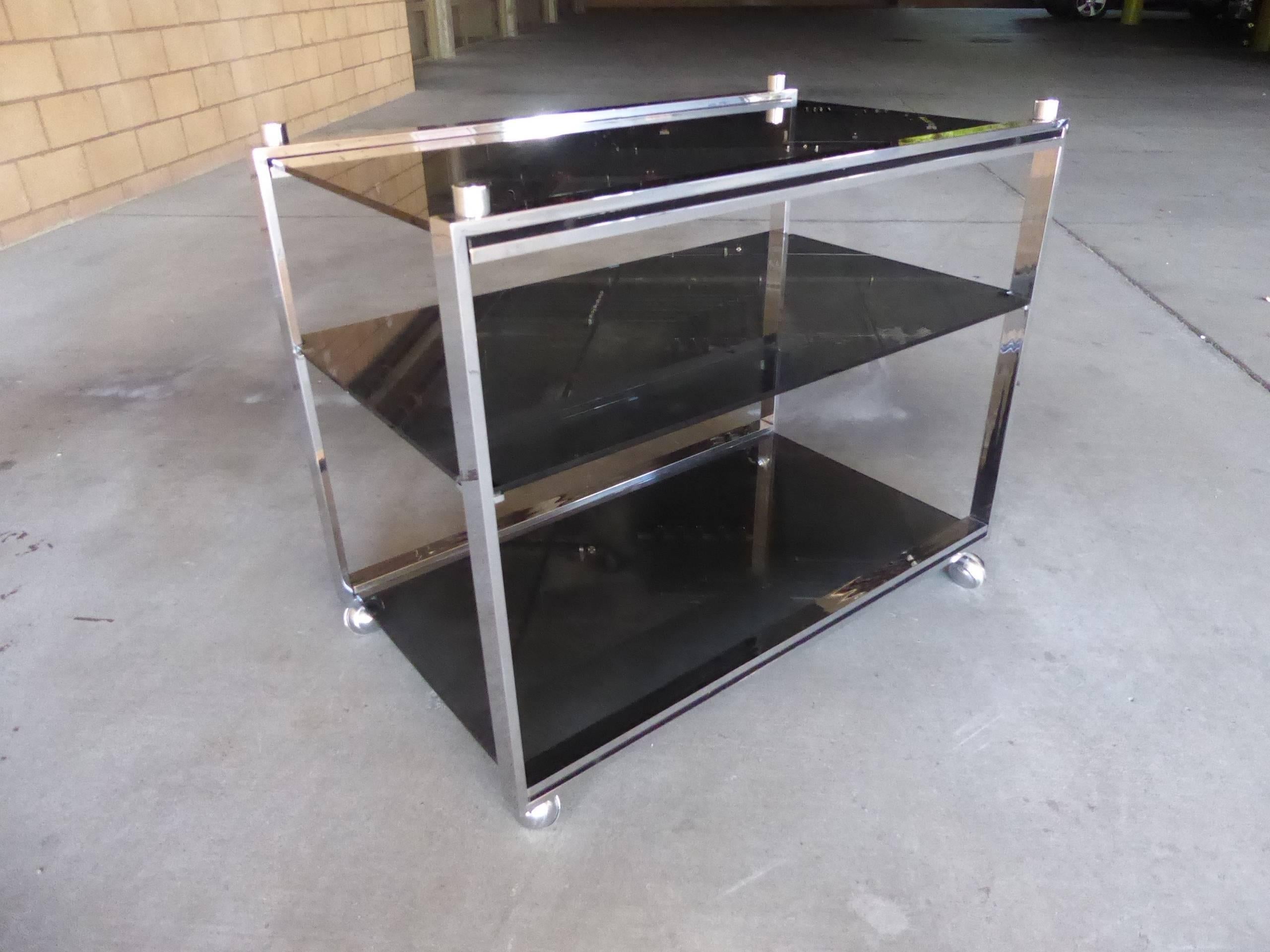Chrome-Plated Steel and Smoked Glass Bar Cart by Charles Hollis Jones circa 1968 For Sale 1