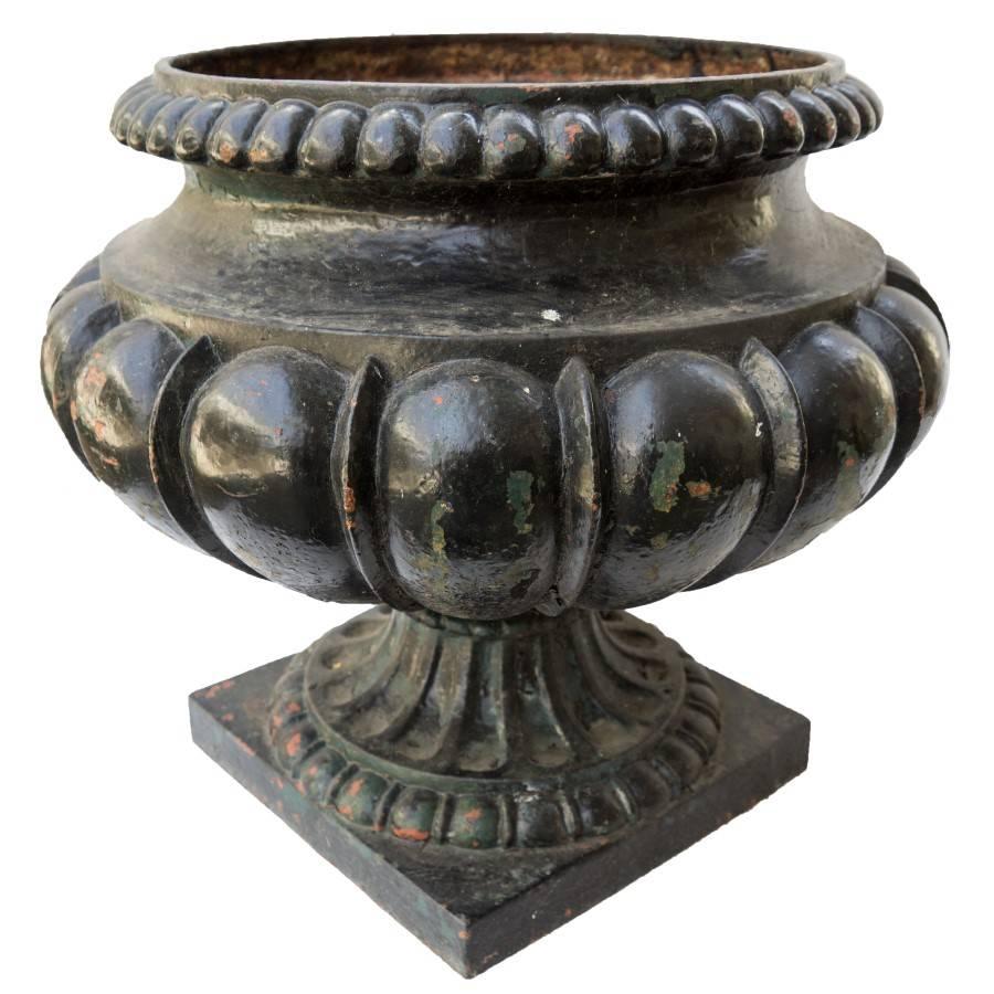 Antique French Black cast iron urns in set of two, circa 1880, France.